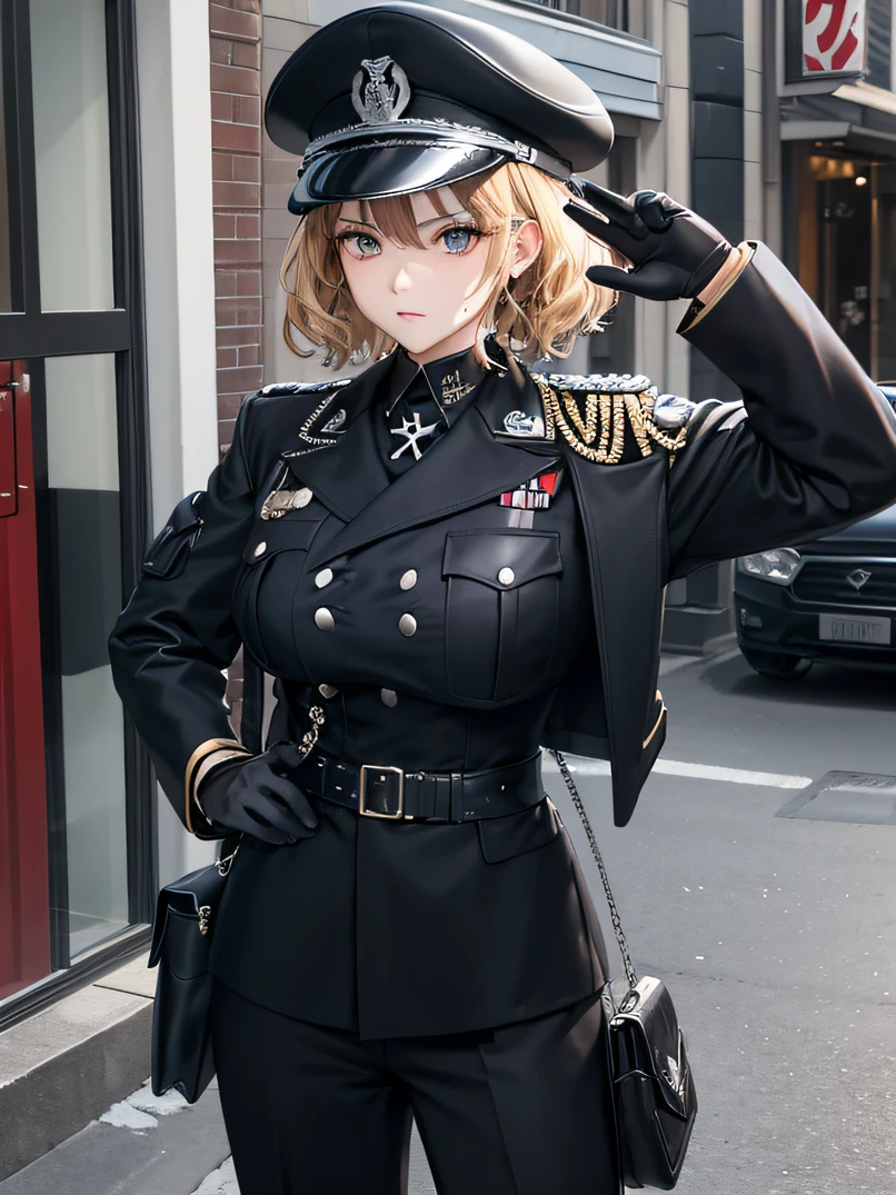 top-quality、​masterpiece、lighting like a movie、Beautiful 30 year old female soldier、Slender beauty、Tall and strong、Colossal tits、cowboy  shot、short blond hair、curlyhair、verd s eyes、Cold eyes、blood stain、Black clothe、Black uniform、military outfits、Black jacket、Black pants、Black Rider Gloves、Holding a handgun、The urban area of the future、Armored car in the back、Serious look、 Strong、dynamicposes