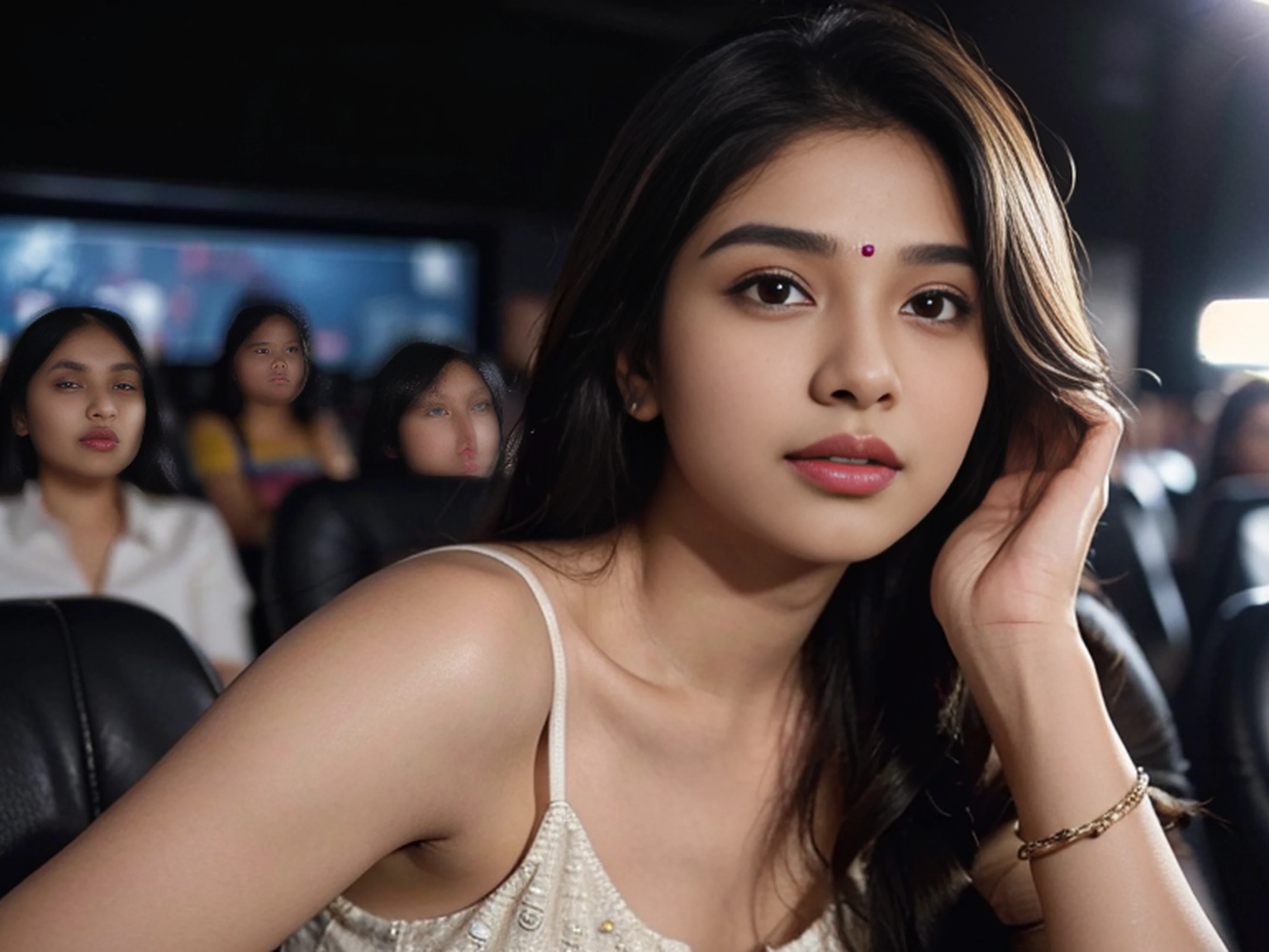 (((desi Indian girl))), chubby face, natural skin, charming black hair, ((Ultra realistic, 8k, highly detailed, Masterpiece: 1.3)), ((hair ends are blonde)), clean forehead, in movie theatre bokeh background, sitting and taking selfie, crop top, happy expression, half body shot