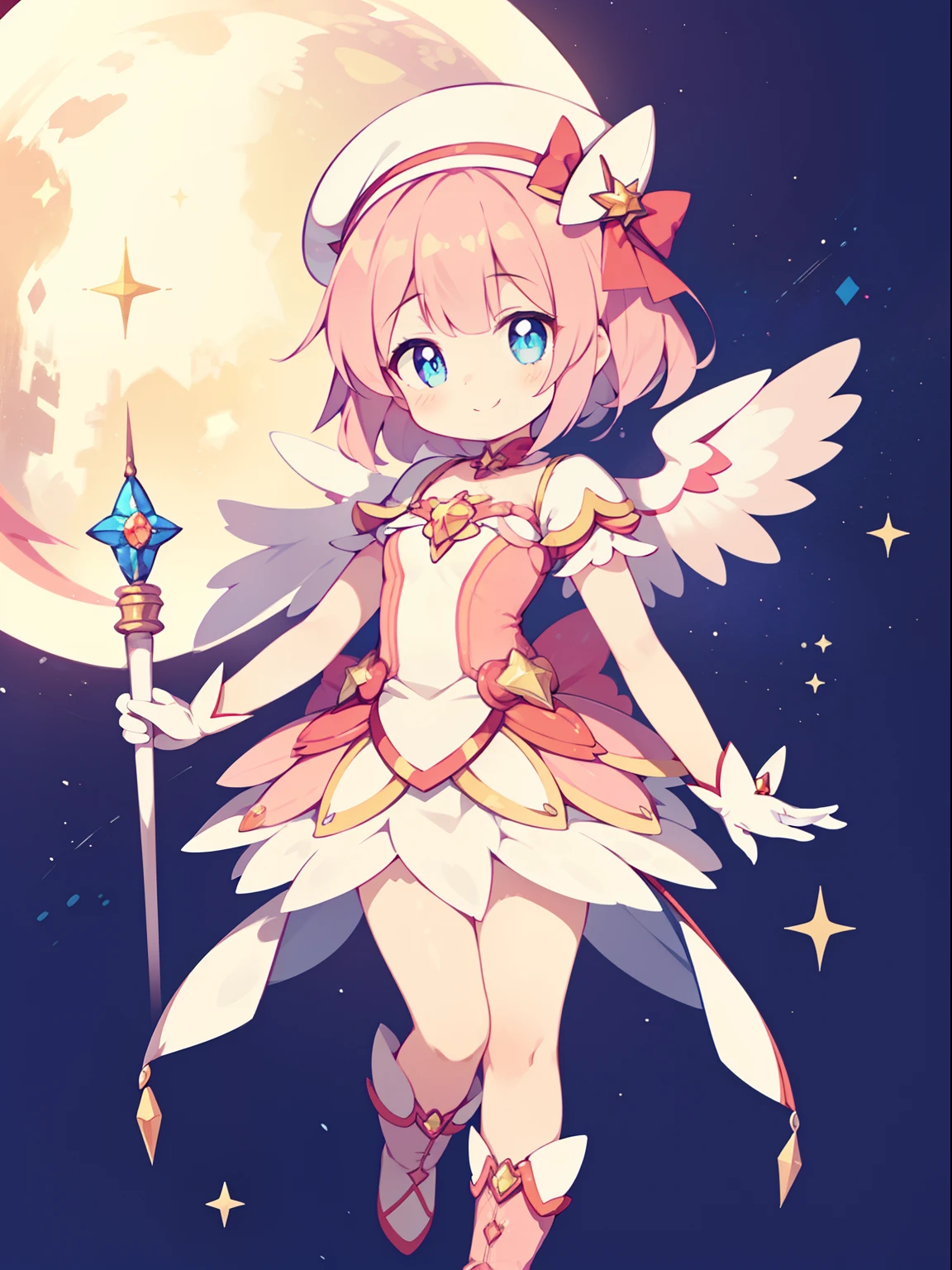 (1girl in:1.2), (Solo:1.2), masutepiece, nffsw、Shaders、Brilliant Textured Work、Ultra-detailed eyes、ultra-intricate pupil in eyes、top-quality、Kirby Wind、Pink hair、Lori、小柄、Gamine、Star Elements、Pink costume、magical girl costume、Star Hat、Magical Girl Gloves、Magical Girl Boots、Active Pose、Standing Picture、Mini character style、GameCG、Cheerful smile、