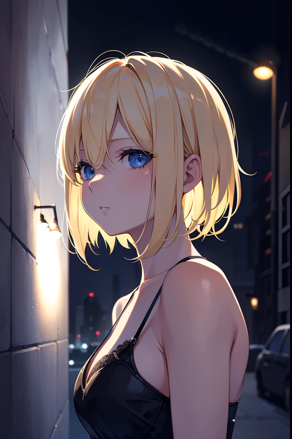 short blonde hair，the night，girl with，Deep shading，cold light，low tune，in the darkness nigth，RAW photogr，best qualtiy，tmasterpiece，Ultra-high resolution，Realistic1.5