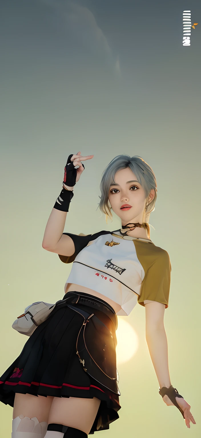 anime girl in a short skirt and a short top pointing at the sun, inspired by Sim Sa-jeong, casual pose, inspired by Jang Seung-eop, close up character, heavy gesture style closeup, 8k artgerm bokeh, realism artstyle, kda, she is wearing streetwear, inspired by Gang Se-hwang, e - girl,-realistic graphics, game cg, unreal 5. rpg portrait, ingame image, with very highly detailed face, in - game, in-game, character close up, beautiful screenshot, realistic artstyle, female character, uhd realistic faces, in game graphic,cuteness overload, beauty ,cute girl ,sarangheo sign hand