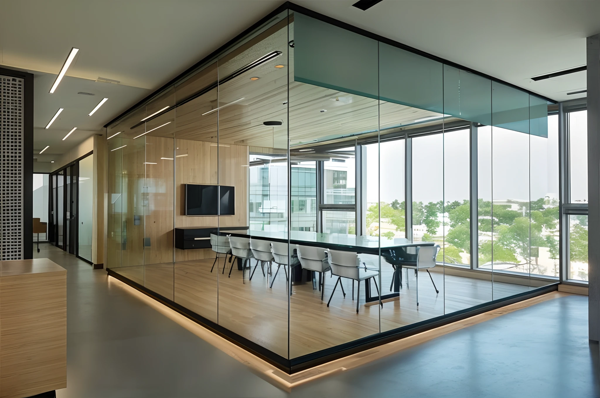View of meeting room with large glass wall, Clear glass wall, glass wall, glass wall, Modern office, office, cubical meeting room office, interior architecture view, office room interior, Glass room, office ceiling panels, inside a glass box, mirror and glass surfaces, inside in a glass box, Reflective glass, Office building, office room interior, huge office