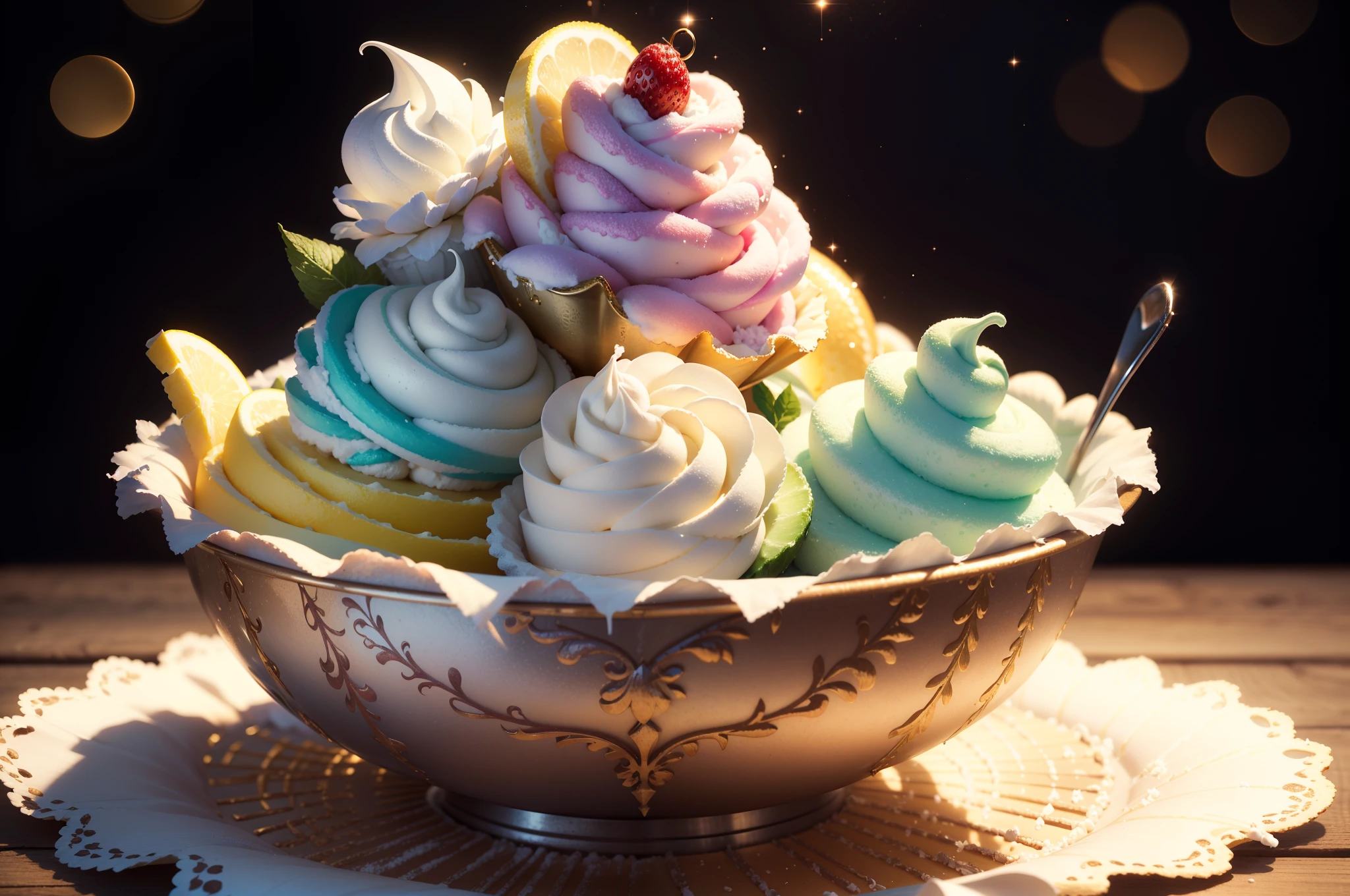 (best quality,4k,8k,highres,masterpiece:1.2),ultra-detailed,(realistic,photorealistic,photo-realistic:1.37),HDR,UHD,studio lighting,ultra-fine painting,sharp focus,physically-based rendering,extreme detail description,professional,vivid colors,bokeh,ice cream,fantasy,dreamy,tempting,luscious,whimsical,sweet,frozen treat,delicious flavors,colorful swirls,irresistible toppings,magical cone,dainty sprinkles,sparkling sugar,golden waffle cone,creamy texture,refreshing mint,juicy berries,exotic fruits,floral-infused,ethereal glow,starry sky,gossamer clouds,sunlit garden,magical creatures,enchanted forest,euphoric,joyful,mouthwatering,summer delight,sweet escape,luxurious indulgence