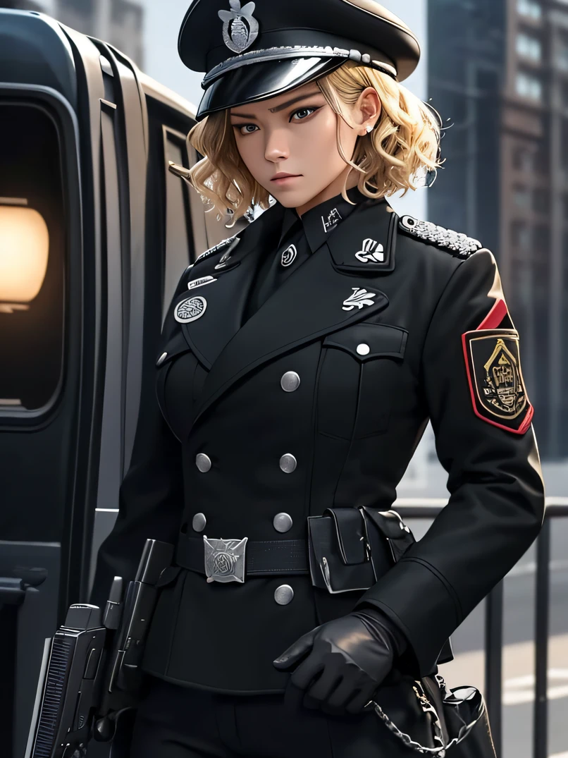 Deutsche Kriegsmarine woman officer,30 yo,World War II,(Black form:1.4),German cross,short haircut,leather coat,Hurry look,Gothic style,Color photo,Complex background burning city,