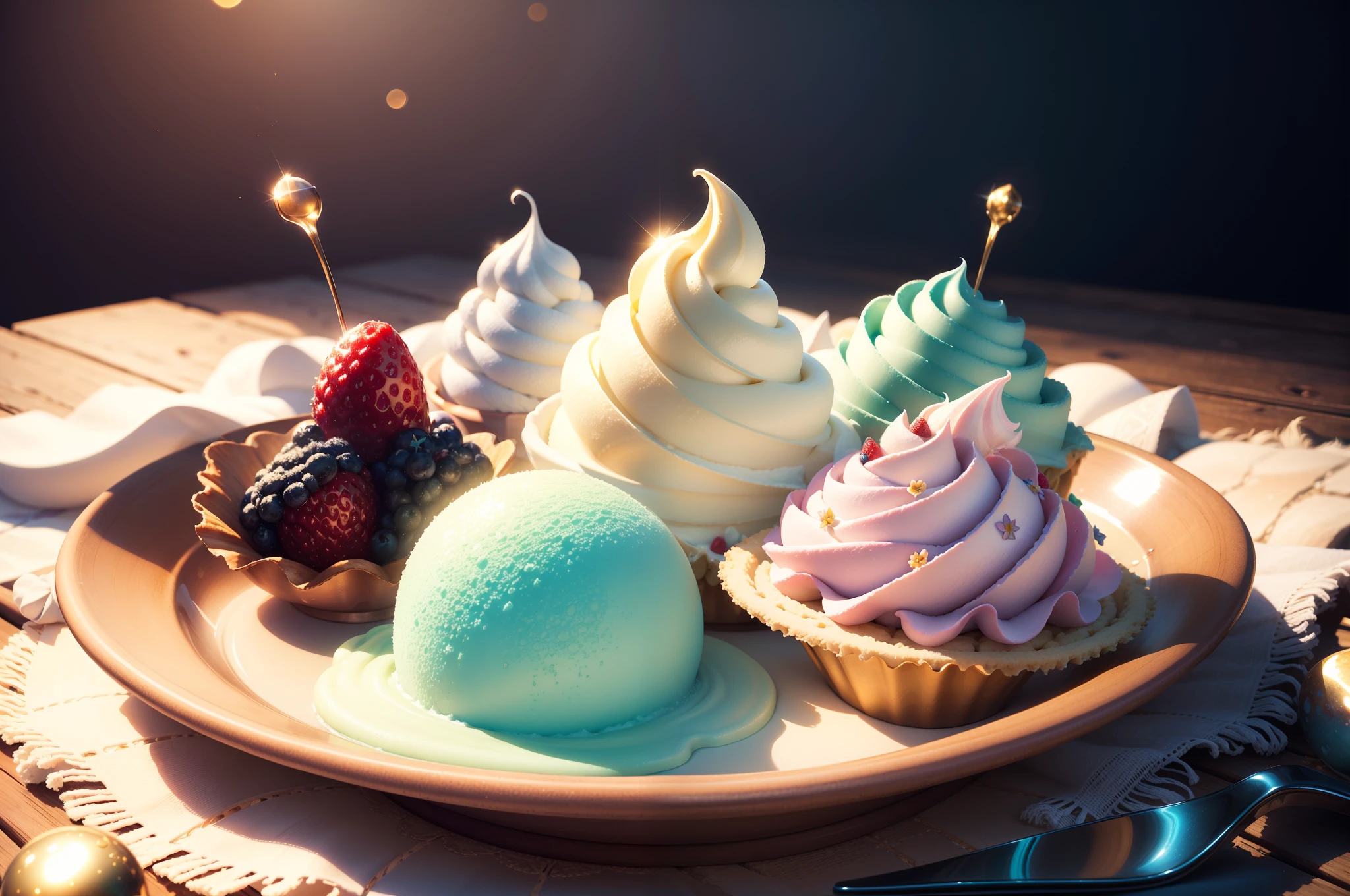 (best quality,4k,8k,highres,masterpiece:1.2),ultra-detailed,(realistic,photorealistic,photo-realistic:1.37),HDR,UHD,studio lighting,ultra-fine painting,sharp focus,physically-based rendering,extreme detail description,professional,vivid colors,bokeh,ice cream,fantasy,dreamy,tempting,luscious,whimsical,sweet,frozen treat,delicious flavors,colorful swirls,irresistible toppings,magical cone,dainty sprinkles,sparkling sugar,golden waffle cone,creamy texture,refreshing mint,juicy berries,exotic fruits,floral-infused,ethereal glow,starry sky,gossamer clouds,sunlit garden,magical creatures,enchanted forest,euphoric,joyful,mouthwatering,summer delight,sweet escape,luxurious indulgence