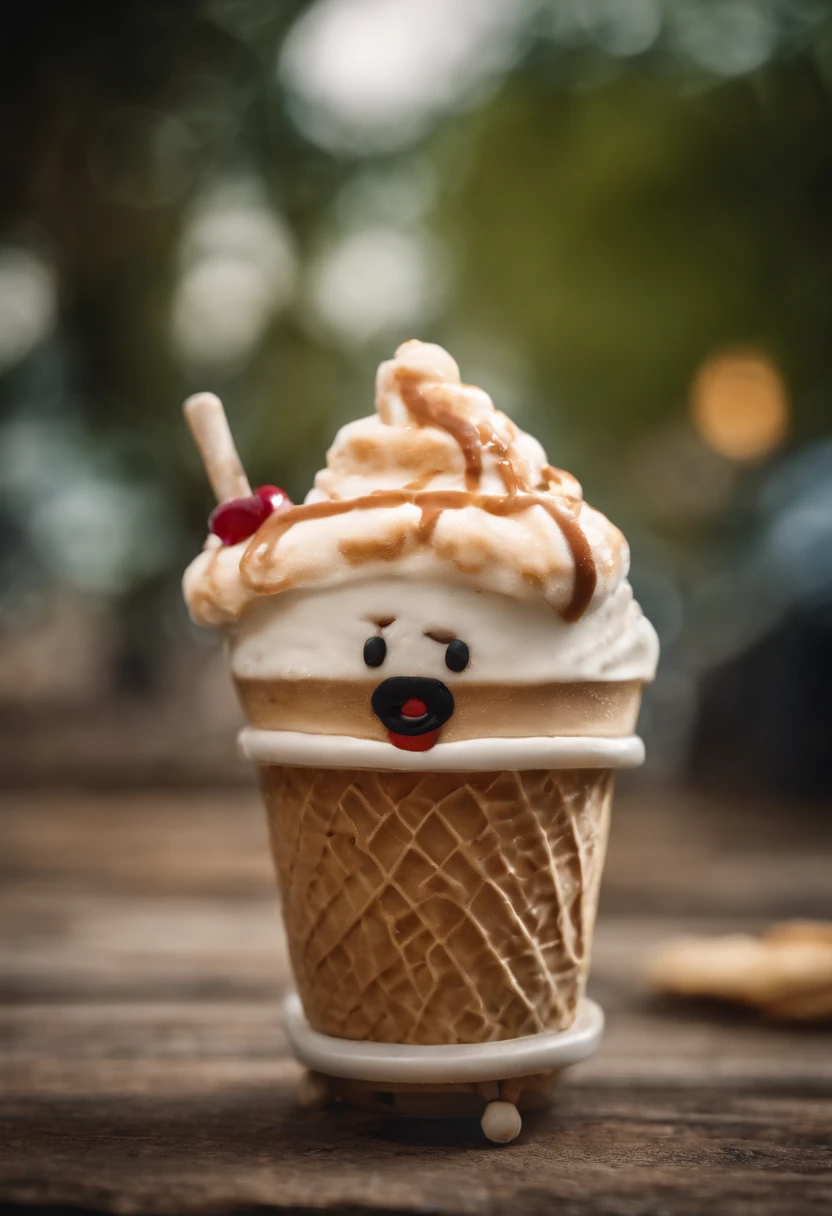 Blonde girl child, obra-prima, alta qualidade, melhor qualidade, sorvete de chocolate com marmelada, cone, foodphoto,