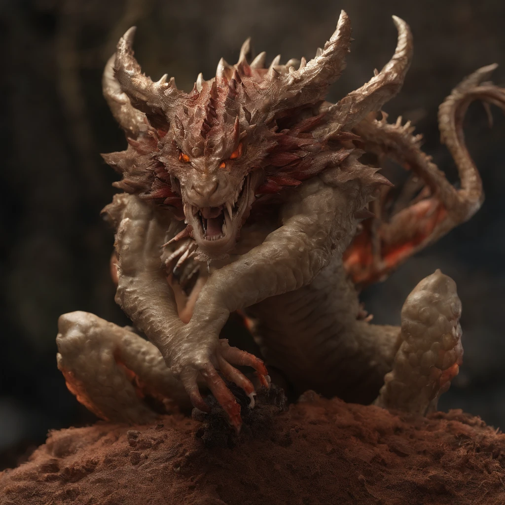 Jin Tianlong,piercing red eyes,Close-up of blood fire released from the nose,Chest scales,high high quality,8K,Many details,Fire lettuce,Alas,4 legs,Spotted claws,golds,dangers,fires,dentes pontiagudos,big dragon,immensity,threatening,imponent