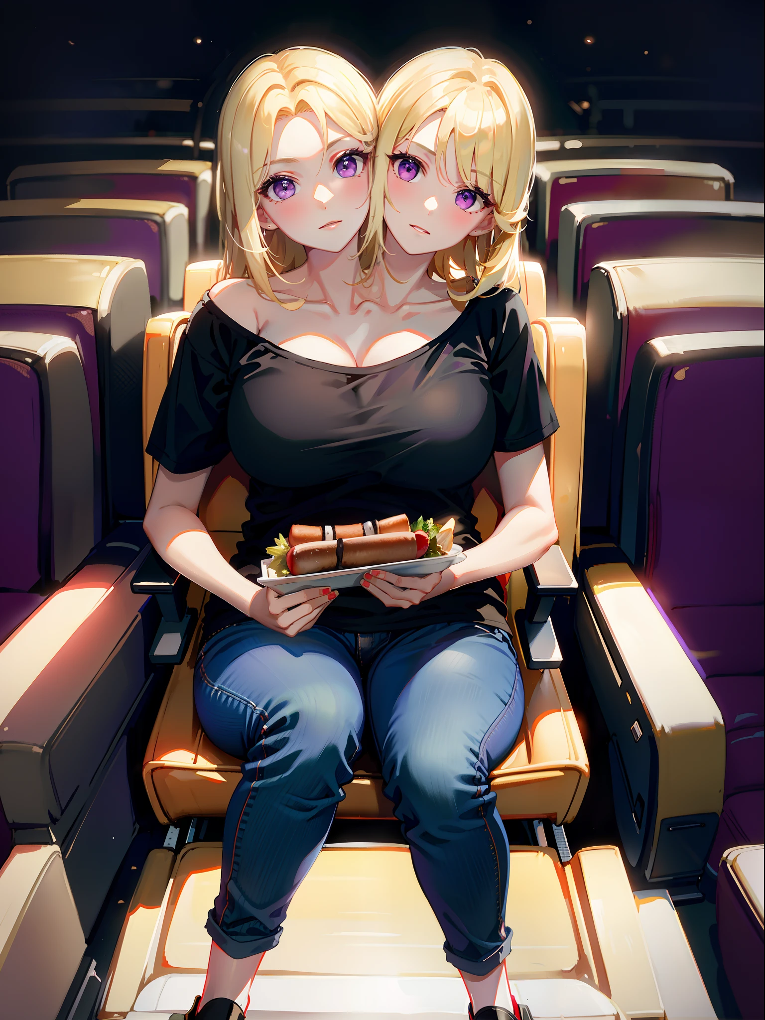 (masterpiece, best quality), best resolution, (2heads:1.5), 1girl, sitting in a movie theater seat, eating a hot dog, blond hair, purple eyes, black t-shirt, light blue pants, crowded movie theater, dim lighting, dark