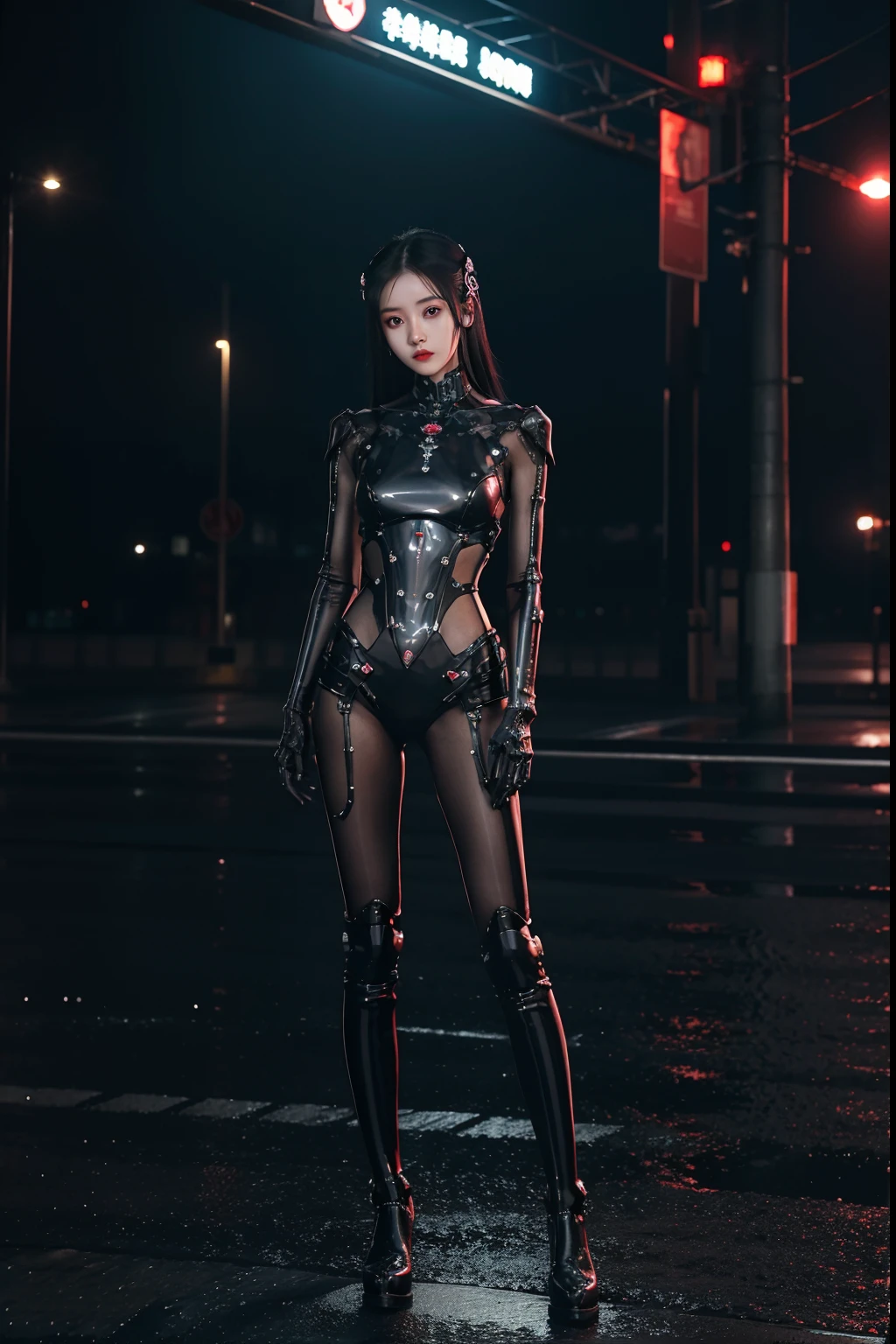 Best quality, Photo Quality, its raining. goth robot Xiaorouseeu, attractive, young, beautiful, Kawaii, body made of metal, small bust, metal structural skeleton, seaside, standing posture, cyberpunk, sci-fi