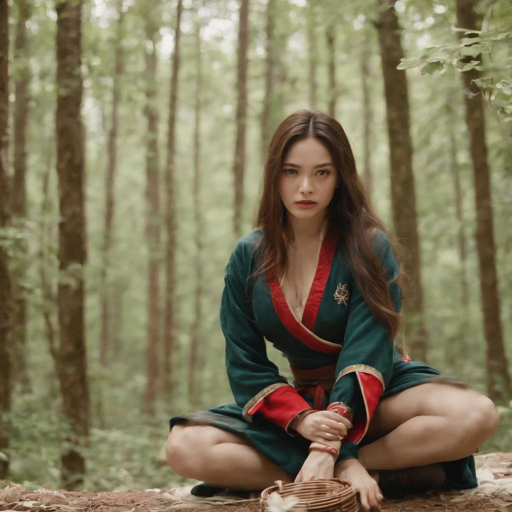 4K, Realistic, The is very detailed, There was a girl in the woods, She is a samurai, war theme, Soft clothes, Long hair, wearing legging, 25 years old, full bodyesbian, Wear Gucci shoes