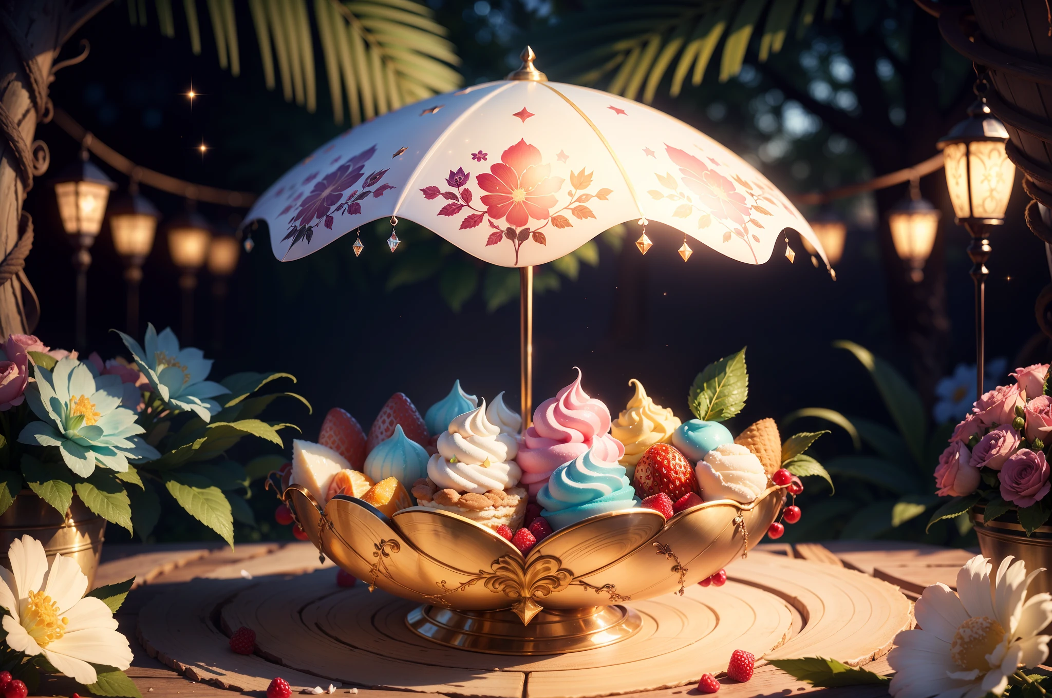 (best quality, 4k, 8k, high resolution, masterpiece: 1.2), ultra-detailed, (realistic, photorealistic, photorealistic: 1.37), HDR, UHD, studio lighting, ultra-fine painting, sharp focus, physics-based rendering, description extreme detailed, professional, vivid colors, bokeh, (a delicious ice cream, fantasy: 1.45), dreamy, tempting, delicious, whimsical, sweet, ice cream, delicious flavors, colorful swirls, irresistible toppings, magic cone, delicate sprinkles, sparkling sugar, golden waffle cone, creamy texture, refreshing mint, juicy berries, exotic fruits, floral infusion, ethereal glow, starry sky, chiffon clouds, sunlit garden, magical creatures, enchanted forest, euphoric, cheerful, delicious, summer delight , sweet escape, luxurious indulgence.