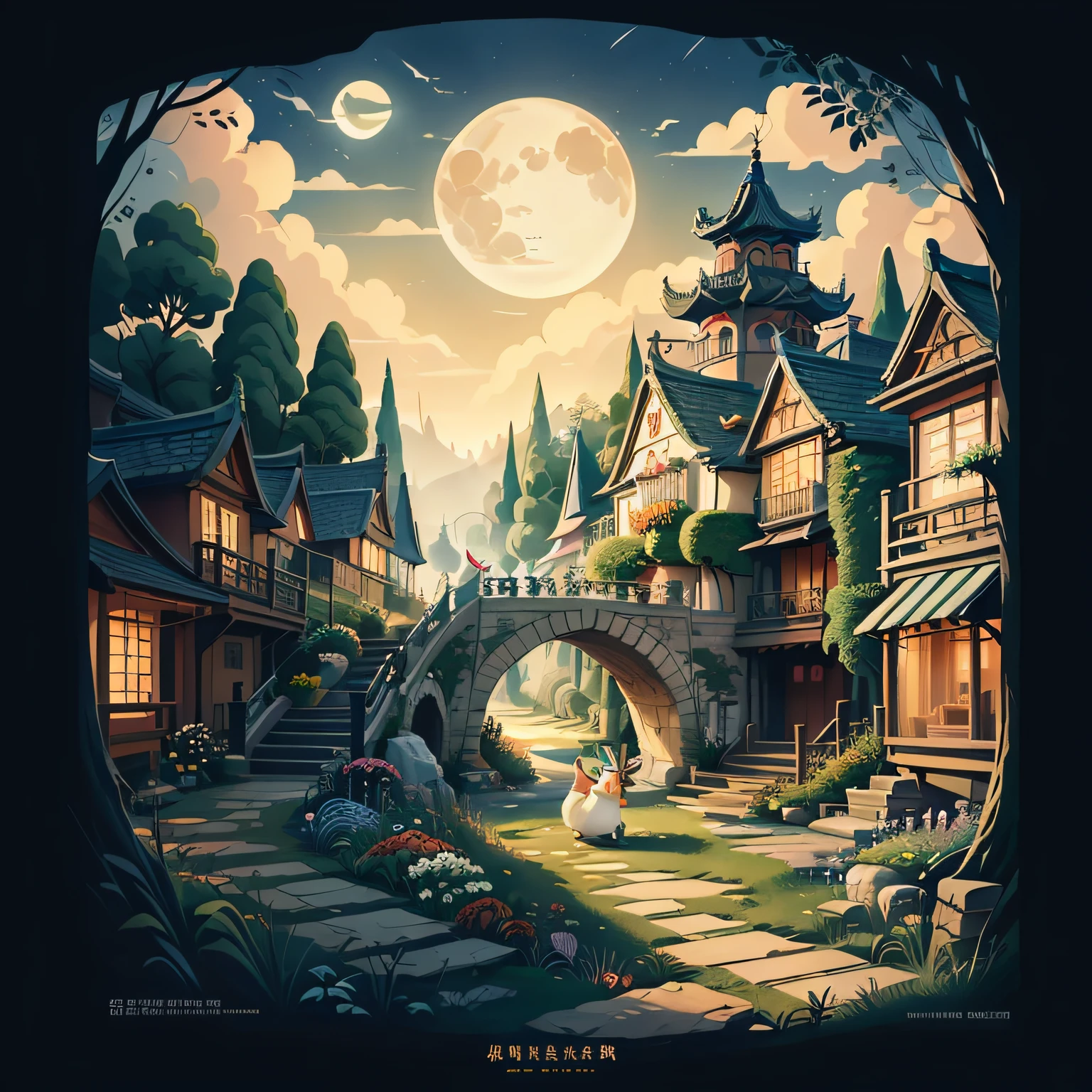 There is a picture of a Happy Mid-Autumn Festival greeting card，It has a rabbit and a basket of flowers, Flower garden, Garden background, sonoko, cheerfulness, flowers garden, Middle Metaverse, Machine garden, Wang Chen, komono, full moon, cheerfulness!!!, royal garden background，Cartoon rabbit in a hat, bubbly scenery, MagazineCover, large view, [ [ soft ] ], soft coloring, [ conceptual art ]!!, Cartoon Cute, adorable rabbit, Inspired by Xiao Yuncong, Cute rabbit，Chinese wind，the night，blossoms，Pictures，grassy fields，A blue sky，baiyun，Wishing you prosperity