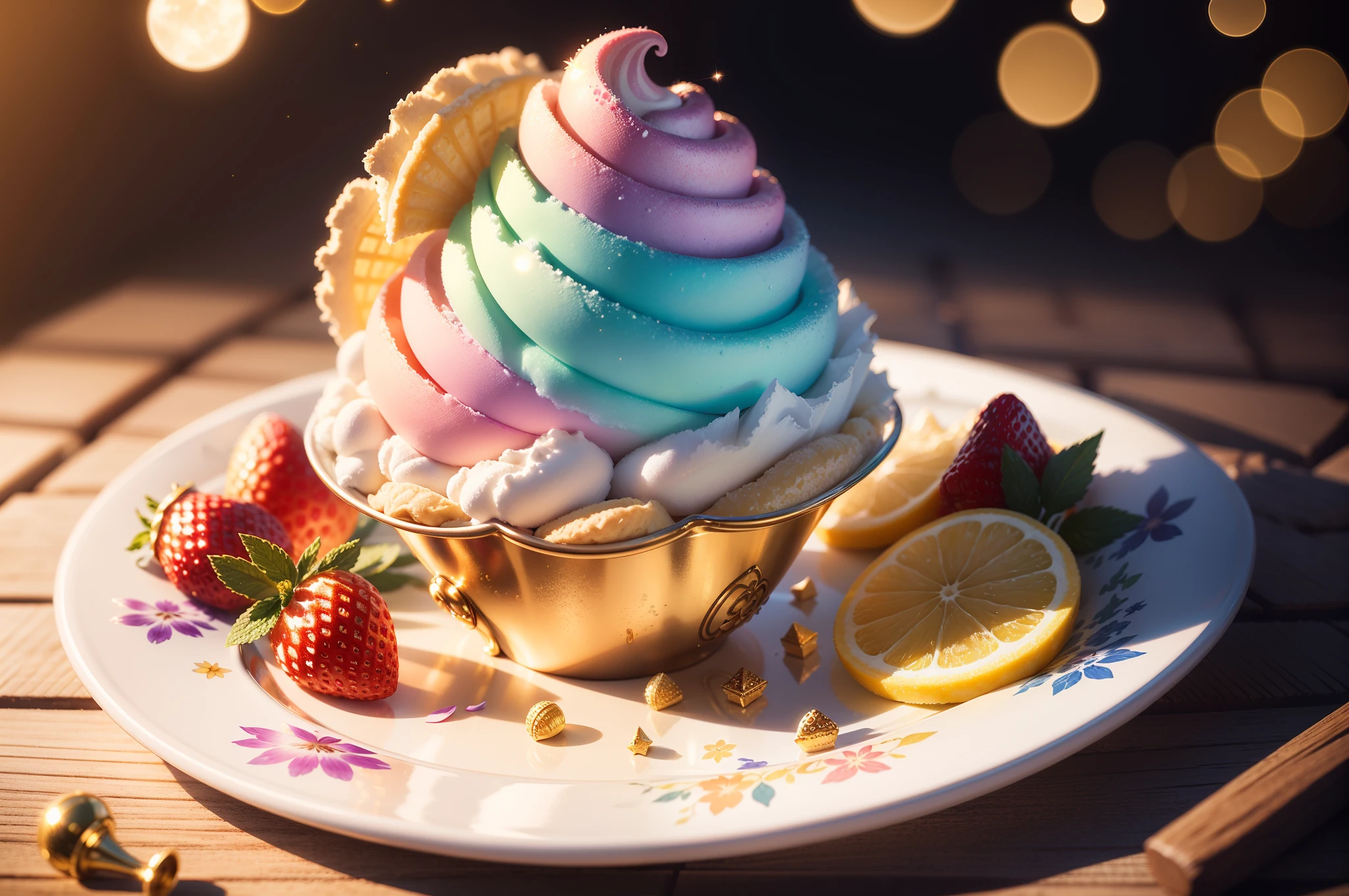 (best quality, 4k, 8k, high resolution, masterpiece: 1.2), ultra-detailed, (realistic, photorealistic, photorealistic: 1.37), HDR, UHD, studio lighting, ultra-fine painting, sharp focus, physics-based rendering, description extreme detailed, professional, vivid colors, bokeh, (a delicious ice cream, fantasy: 1.45), dreamy, tempting, delicious, whimsical, sweet, ice cream, delicious flavors, colorful swirls, irresistible toppings, magic cone, delicate sprinkles, sparkling sugar, golden waffle cone, creamy texture, refreshing mint, juicy berries, exotic fruits, floral infusion, ethereal glow, starry sky, chiffon clouds, sunlit garden, magical creatures, enchanted forest, euphoric, cheerful, delicious, summer delight , sweet escape, luxurious indulgence.
