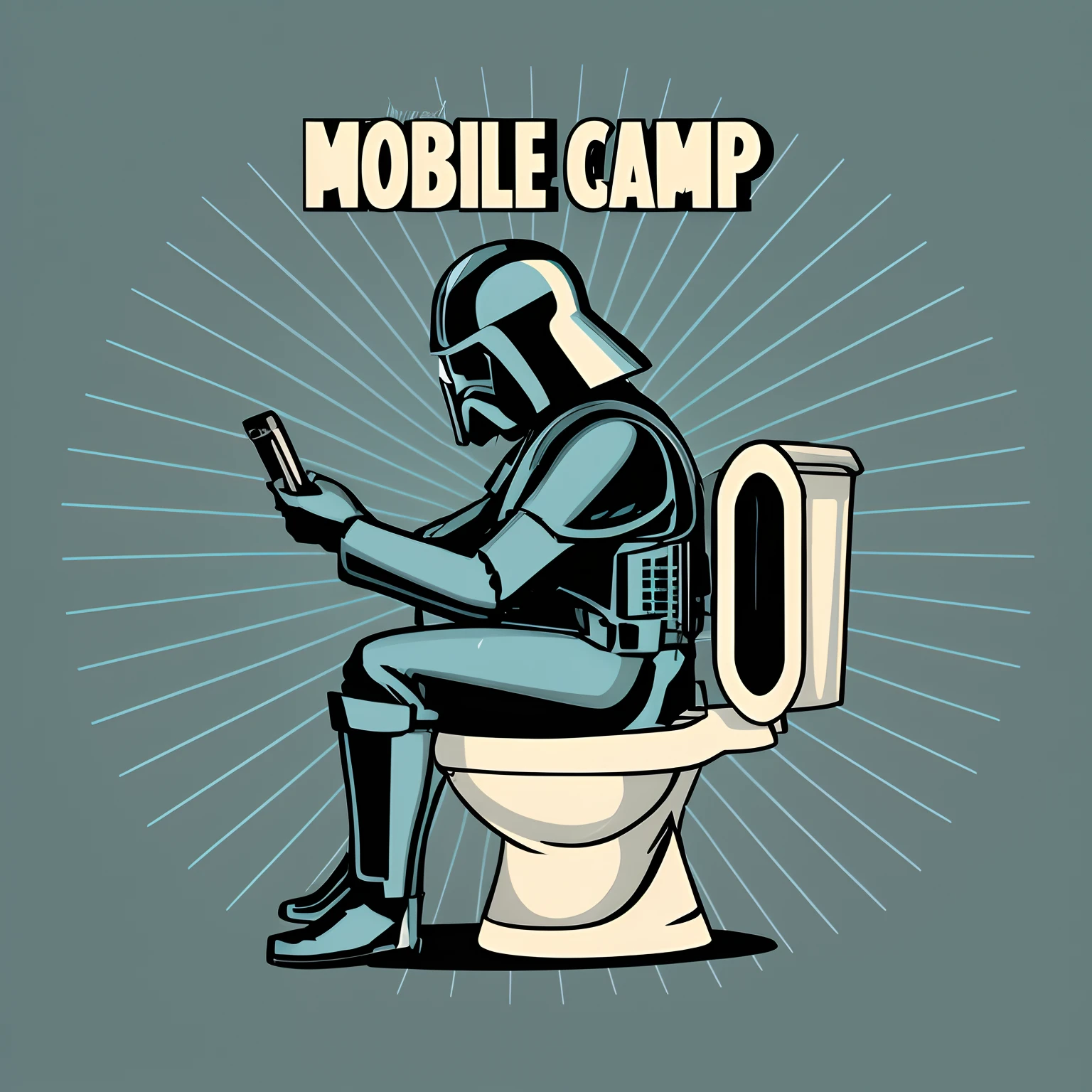 there is a man sitting on a toilet with a phone in his hand, mobile, mobile game art, camp, gaming toilet, mobile game, mobile suit, camping, phone, # oc, #oc, 4262862863, inspired by Ralph McQuarrie, stormtrooper in hot springs