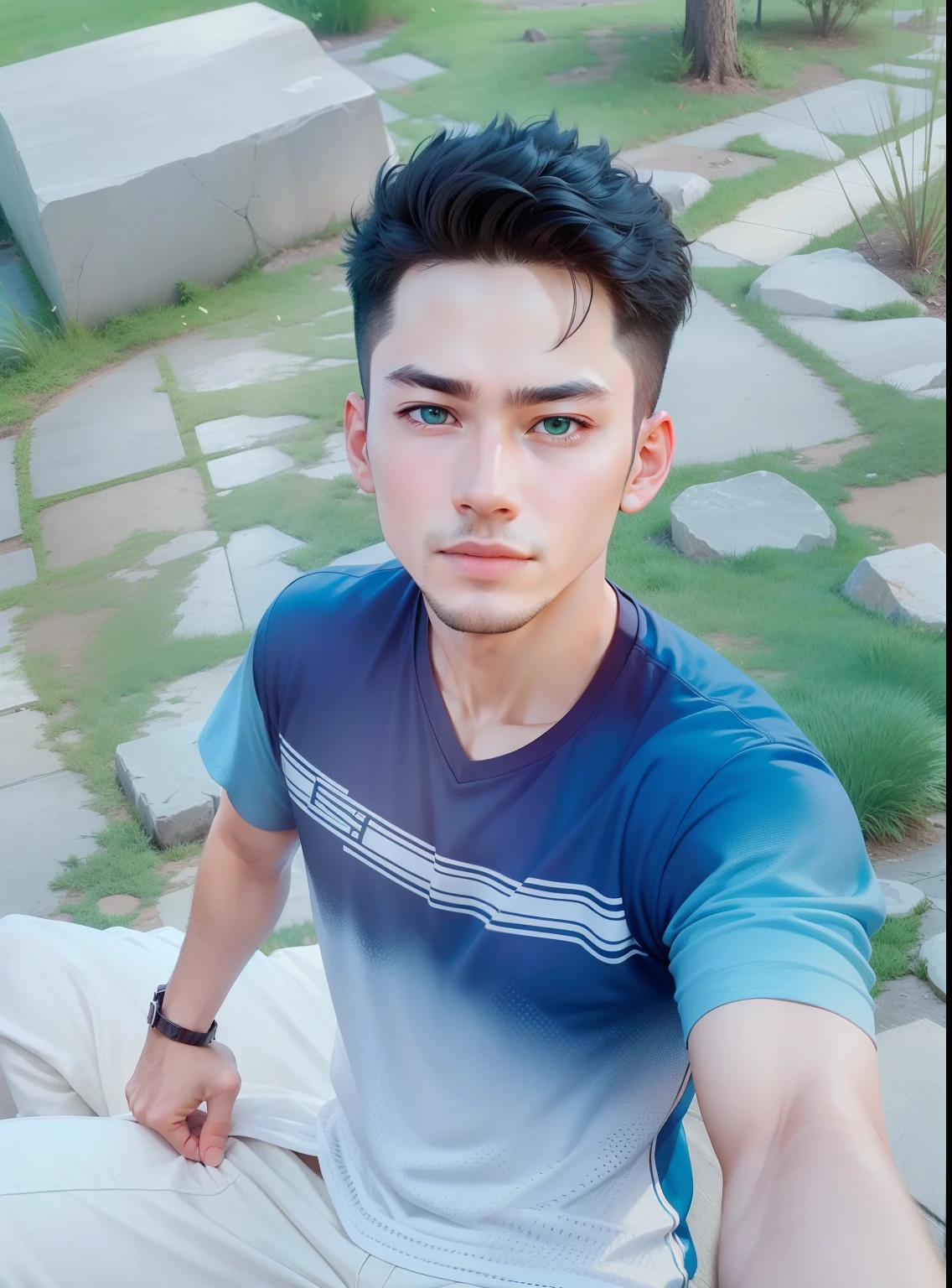 Change the background and but face not change the boy face is smart ((of the highest quality, 8K,Raw photo)), (Realistic, Photorealistic: 1.37), (Face Focus: 1.1), Glowing Green Eyes, strong, muscled chest, Short hair, an intellect man、45-years old、(black V-neck t-shirts: 1.1)、blazer, Sitting, From below, Sunlight, Movie Lighting, smart guy in an intellectual dapper and sexy pose.