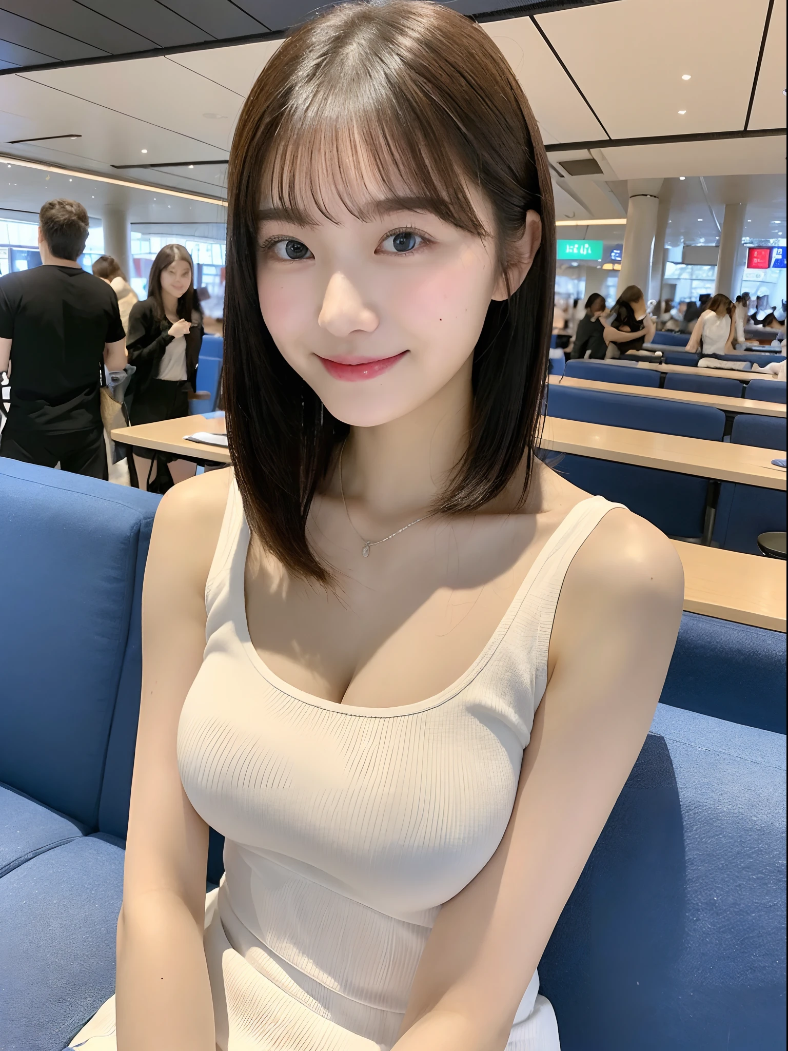 ((Best of the highest quality, 8k, Masterpiece: 1.3, raw photo)), Sharp focus: 1.2, (1 AESPA girl: 1.1), (Solo: 1.18), (realistic, photo-realistic:1.37), face focus, cute face, finely eyes, (Small breasts, flat chest, Thigh: 1.3), short messy hair, updo, airport, terminal, full nude, sitting,