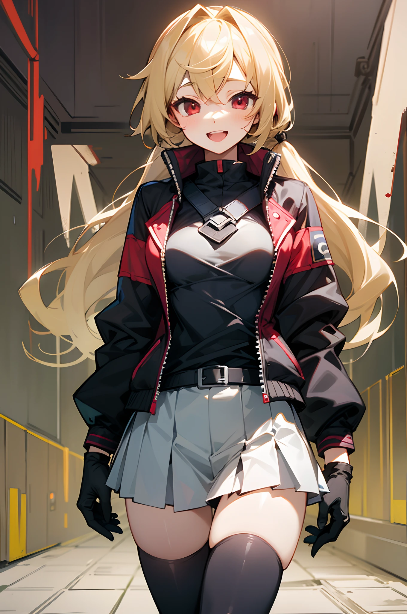 girl with、female high-school student、Laugh、Small breasts、Wearing a rider's jacket、blondehair、Red Eyes、poneyTail、gloves