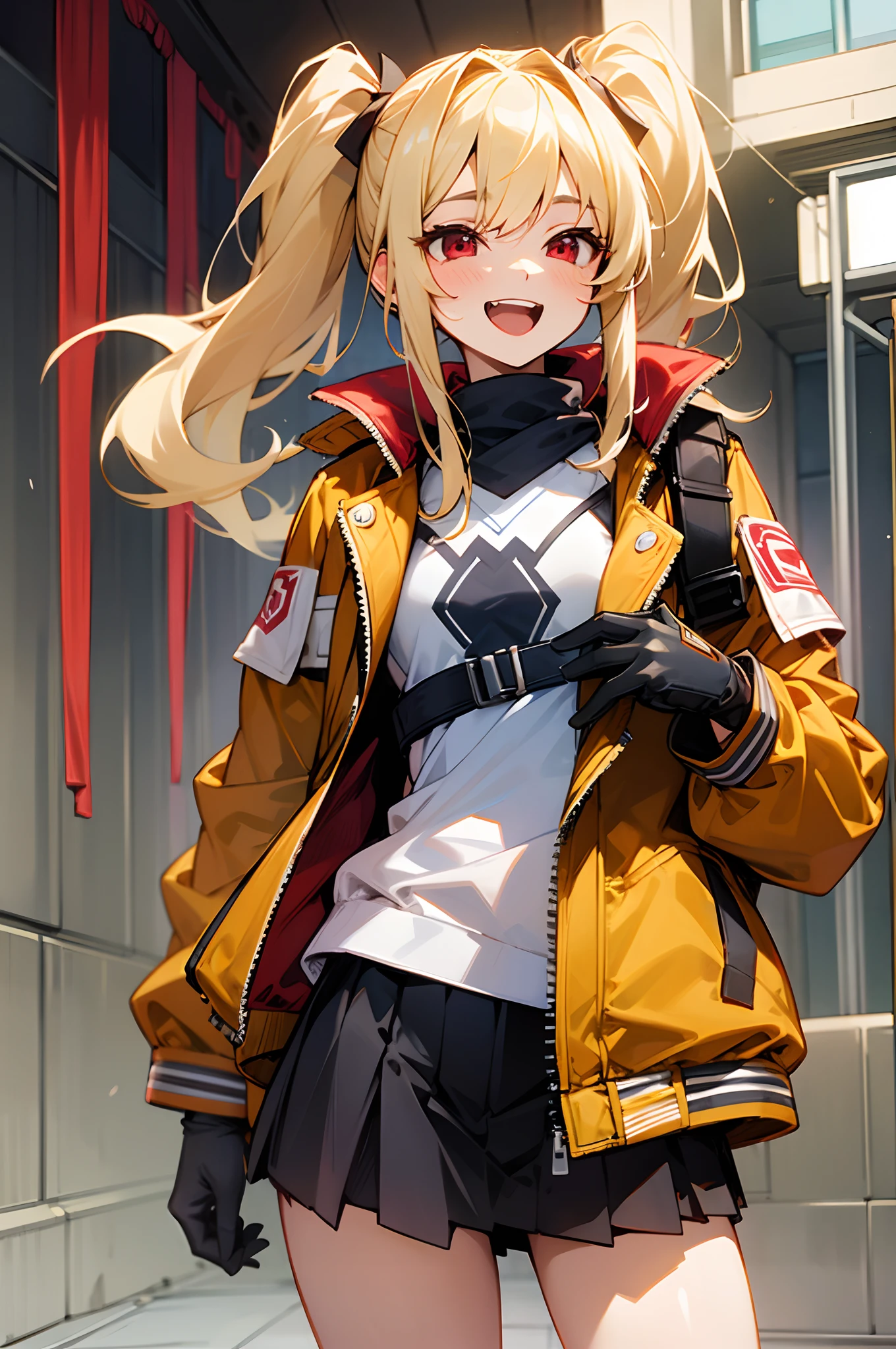 girl with、female high-school student、Laugh、Small breasts、Wearing a rider's jacket、blondehair、Red Eyes、poneyTail、gloves