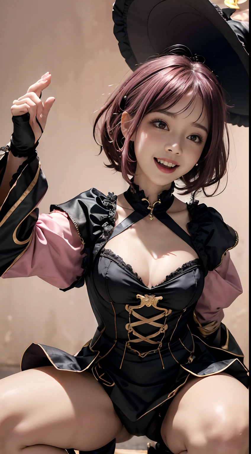 (((During hard sex)))、(Pink and gold and black Lolita witch costume),Smile full of happiness、panting、Squat down with your crotch open、maroon hair、Angle from below、Sex Round 2、Expression in a state of excitement、yawning being、short-hair