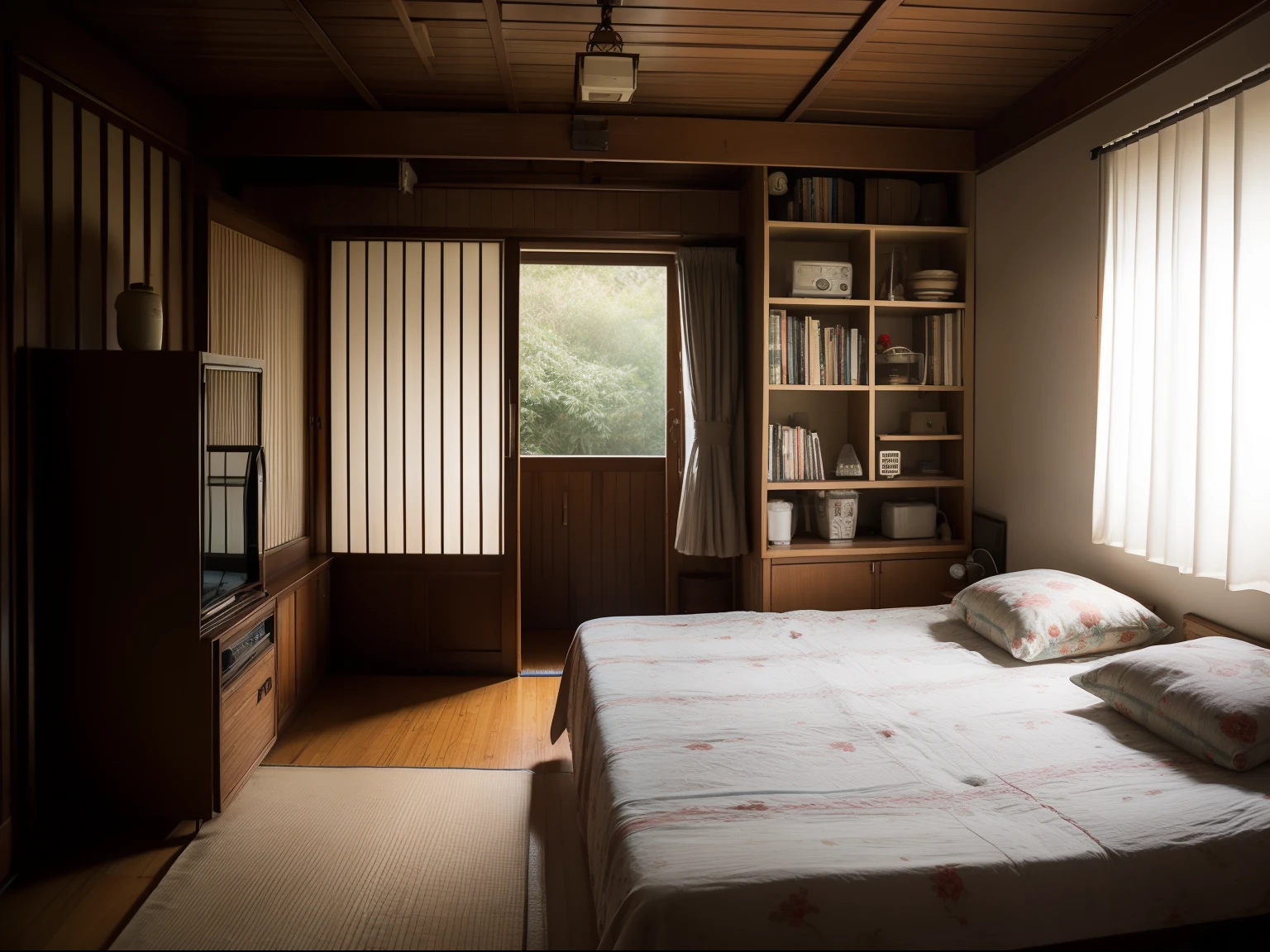 Backlighting, Dark, old traditional house, Home video, subjective, miscellaneous, messy,((A room with curtains drawn closed)),Decorated curtains,(Tatami), ((bed:1.3)),((bedroom)),((Buddhist altar)),((a room with no incoming light)), ((blackout curtains)), cluttered,hardwood flooring, ((narrow hallway)),((Small room)), Carpet, rug mat, kitchen cabinet, Showa-era retro, rental housing, cluttered, decadent, dilapidated, wooden house, typical Japanese home, intricately crafted doors, antique three-tiered box,((TV)), ((air conditioner)), ((low table)), tea cup and snacks on the low table, indoor drying, ((laundry hanging in the room)), Hanging up clothes to dry,sliding doors (fusuma), curtains, windows, fixed telephone on the three-tiered box, bookshelves