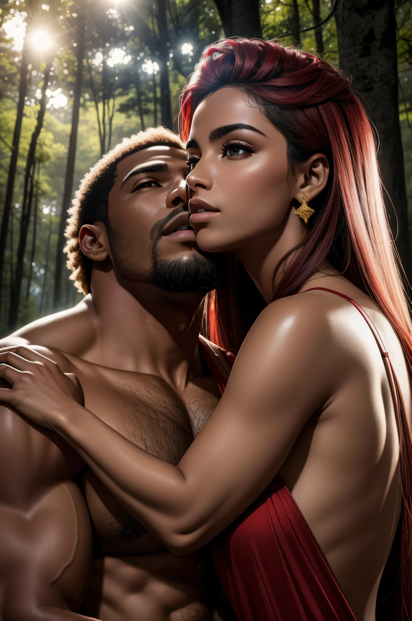 chapeuzinho vermelho extremamente fofa, beijando homem lobo, maquiagem sutil, hora de ouro, fotorrealista, alto contraste, 8k HD, detalhado, hiper-detalhado, textura de pele realista, coberto de capuz vermelho, peito grande, melhor qualidade, Ultra high resolution, foto raw, lighting dramatic, motor irreal, brilho difuso, capuz vermelho intrincado, ao ar livre, floresta escura detalhada realista