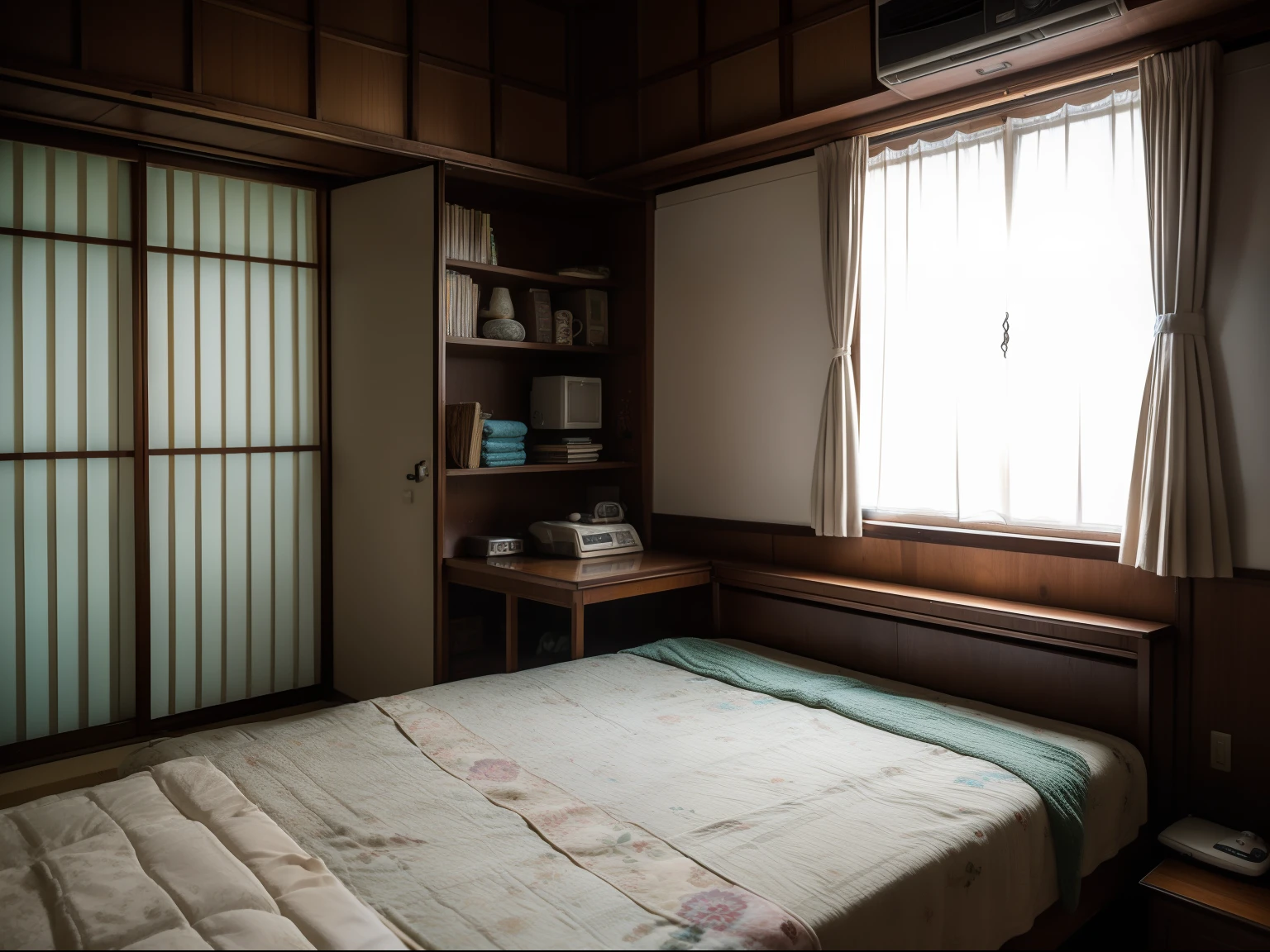 Backlighting, Dark, old traditional house, Home video, subjective, miscellaneous, messy,((A room with curtains drawn closed)),Decorated curtains,(Tatami), ((singlebed:1.3)),((bedroom)),((Buddhist altar)),((a room with no incoming light)), ((blackout curtains)), cluttered,hardwood flooring, ((narrow hallway)),((Small room)), Carpet, rug mat, kitchen cabinet, Showa-era retro, rental housing, cluttered, decadent, dilapidated, wooden house, typical Japanese home, intricately crafted doors, antique three-tiered box,((TV)), ((air conditioner)), ((low table)), tea cup and snacks on the low table, indoor drying, ((laundry hanging in the room)), Hanging up clothes to dry,sliding doors (fusuma), curtains, windows, fixed telephone on the three-tiered box, bookshelves