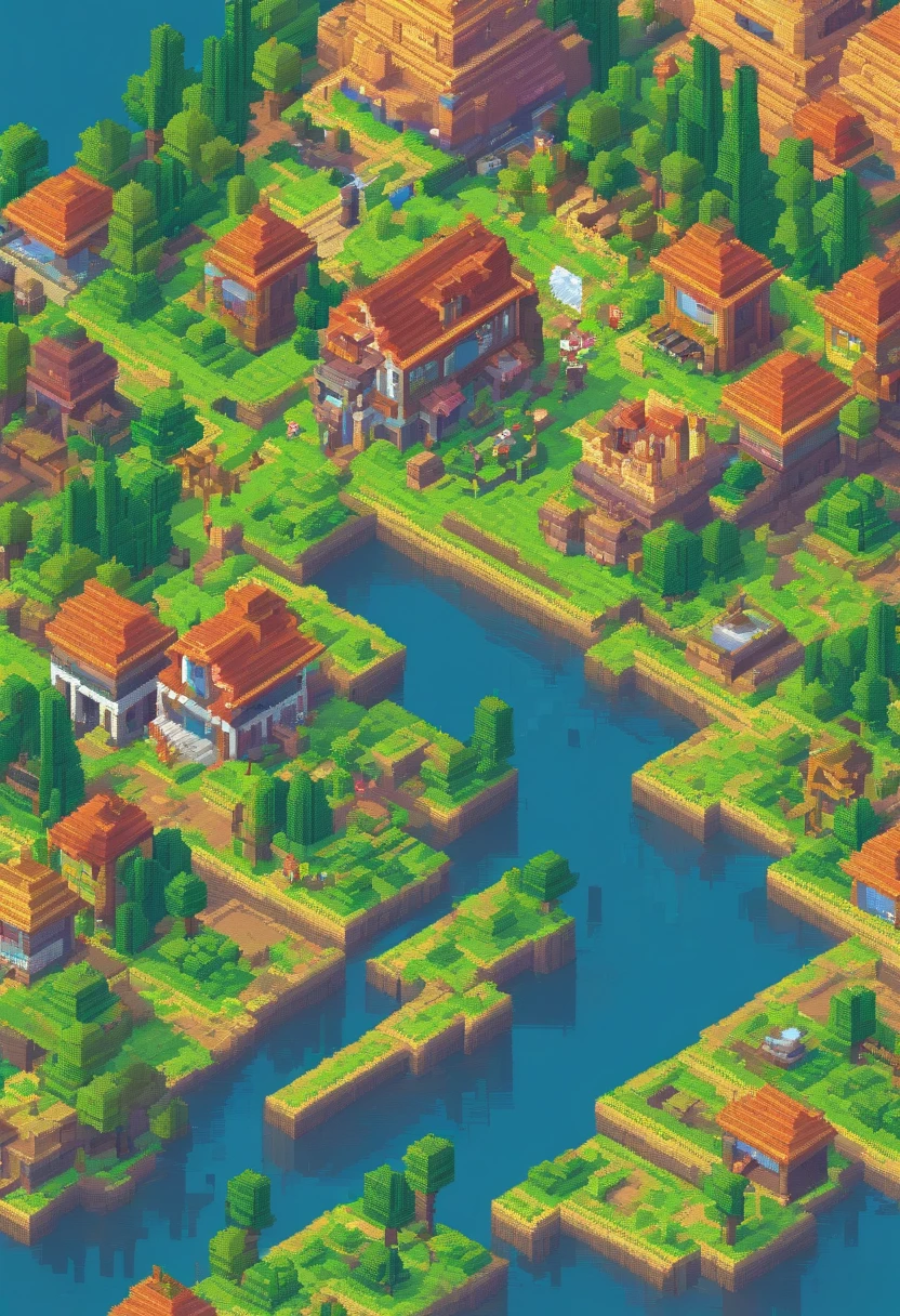 Pixel art tourist landscape. evening. 3D pixel art 4K wallpaper. Incredible pixel art details. Pixel art. steam wave. Detailed Unreal Engine pixel art