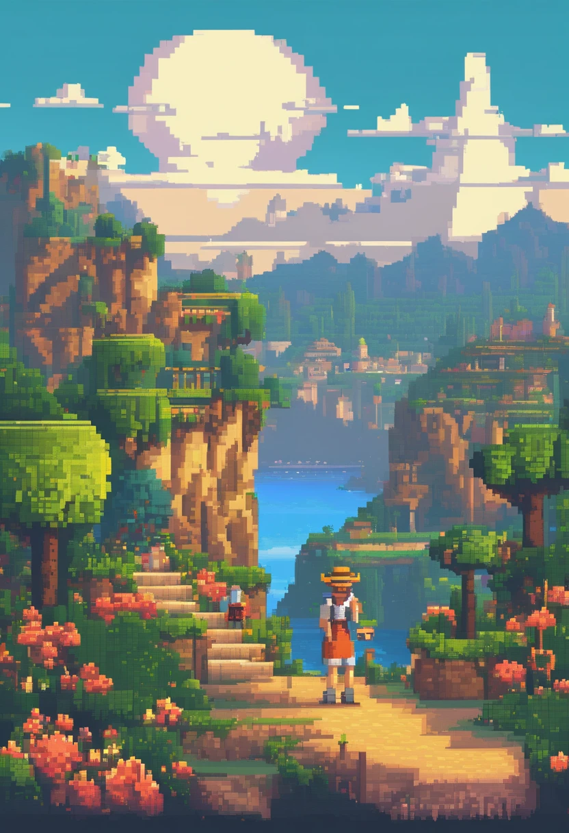 Pixel art tourist landscape. evening. 3D pixel art 4K wallpaper. Incredible pixel art details. Pixel art. steam wave. Detailed Unreal Engine pixel art