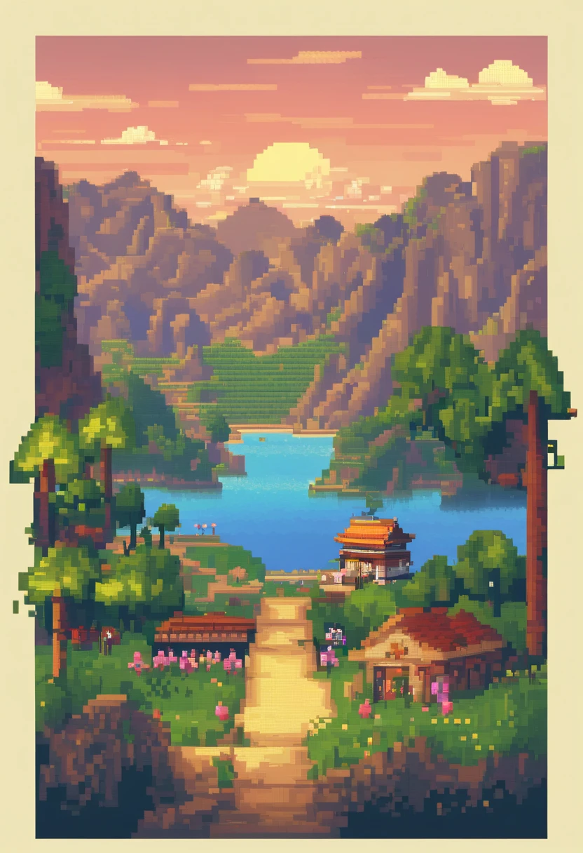 Pixel art tourist landscape. evening. 3D pixel art 4K wallpaper. Incredible pixel art details. Pixel art. steam wave. Detailed Unreal Engine pixel art