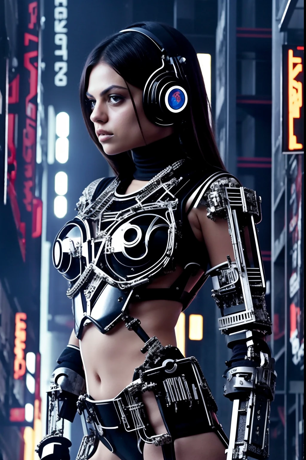preteengoth robot Mila Kunis, attractive, young, beautiful, Kawaii, body made of metal, big bust, metal structural skeleton, dancing cyberpunk, sci-fi