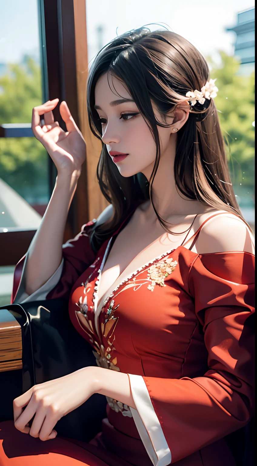 (tmasterpiece,high qulity,High realism),(Delicate figure:1.5),The face is delicate,exquisitedetails,Delicate light,An elegant woman,独奏,((Red dress)), florals, longer sleeves, Raise Hand, black in color|brown hair,largeeyes, ssmile,Hanfu, Embroidery, natural poses, Hairpins, boudoir,hydrangea,depth of fields,(filmgrain:1.1),(lens flare glow)