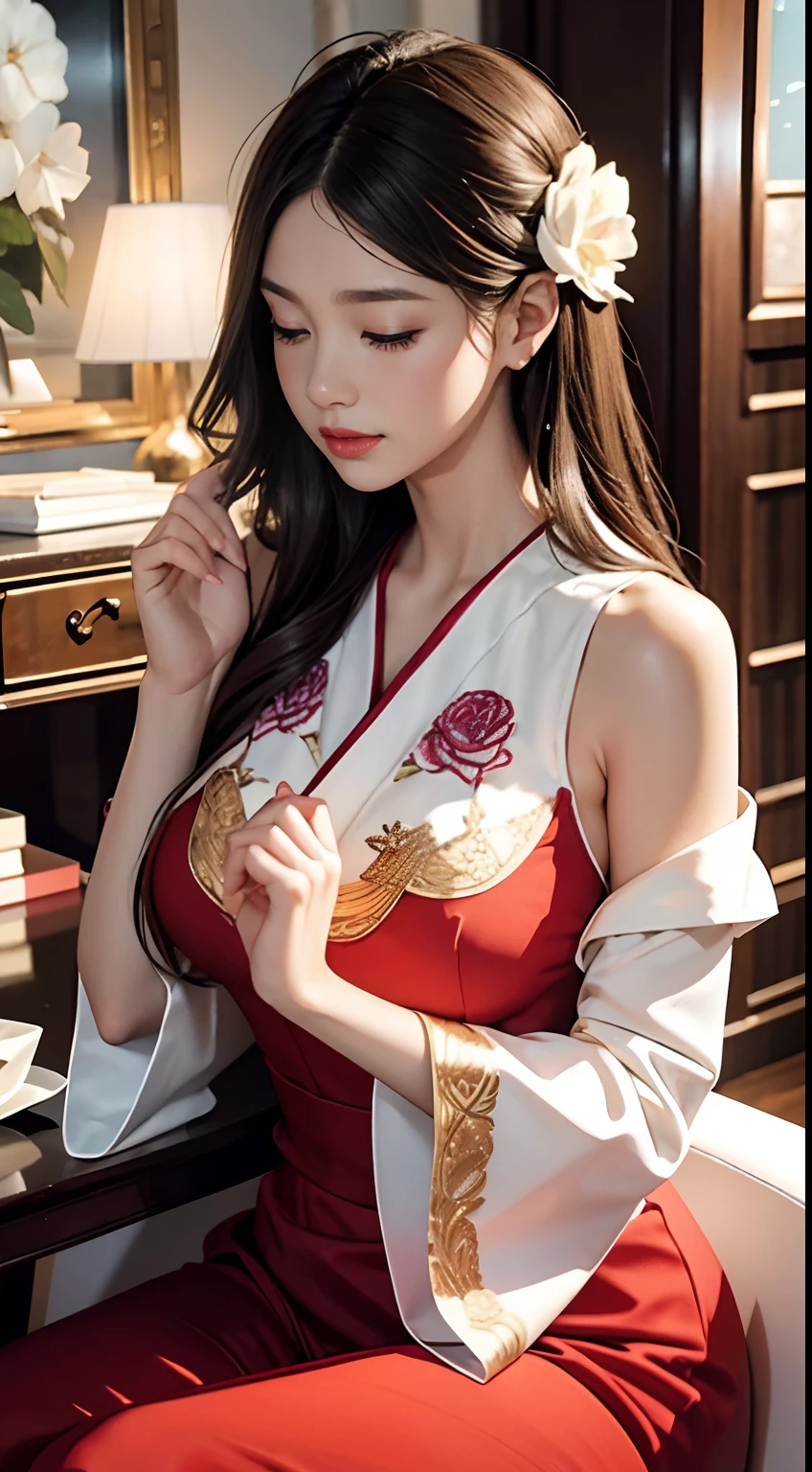 （tmasterpiece,high qulity,High realism），(Delicate figure:1.5),The face is delicate,exquisitedetails，Delicate light，An elegant woman,独奏,((Red dress)), florals, longer sleeves, Raise Hand, black in color|brown  hair，largeeyes, ssmile，Hanfu, Embroidery, natural poses, Hairpins, boudoir,hydrangea，depth of fields，（filmgrain：1.1），（lens flare glow)