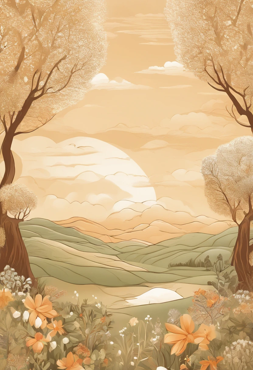 Natural and organic depiction of vast landscapes,Sky and meadow,Kelsan flower,Clouds,Big wind,Features earth tones and plant motifs,Withdraw your connection to nature and the environment,Influenced by botanical illustrations and environmental art,softlighting,(warm color:1.15),Exquisite details of the highest quality,3D rendering of a