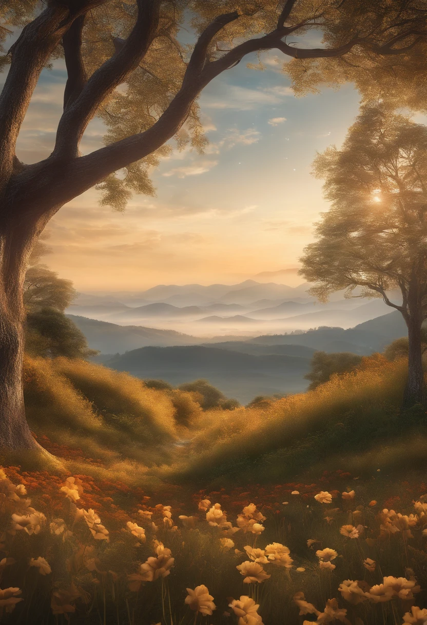 Natural and organic depiction of vast landscapes，Sky and meadow，Kelsan flower，Clouds，Big wind，Features earth tones and plant motifs，Withdraw your connection to nature and the environment，Influenced by botanical illustrations and environmental art，softlighting,(warm color:1.15),Exquisite details of the highest quality,3D rendering of a