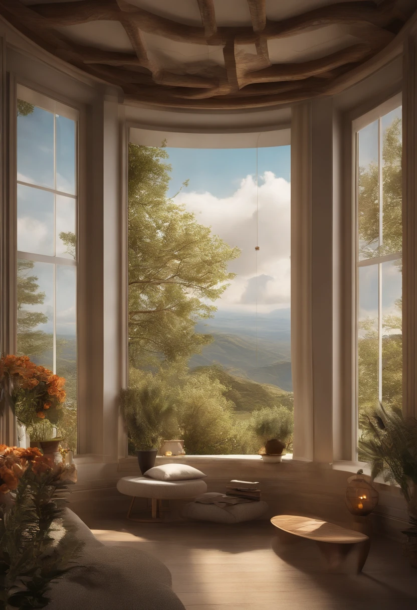 Natural and organic depiction of vast landscapes，Sky and meadow，Kelsan flower，Clouds，Big wind，Features earth tones and plant motifs，Withdraw your connection to nature and the environment，Influenced by botanical illustrations and environmental art，softlighting,(warm color:1.15),Exquisite details of the highest quality,3D rendering of a