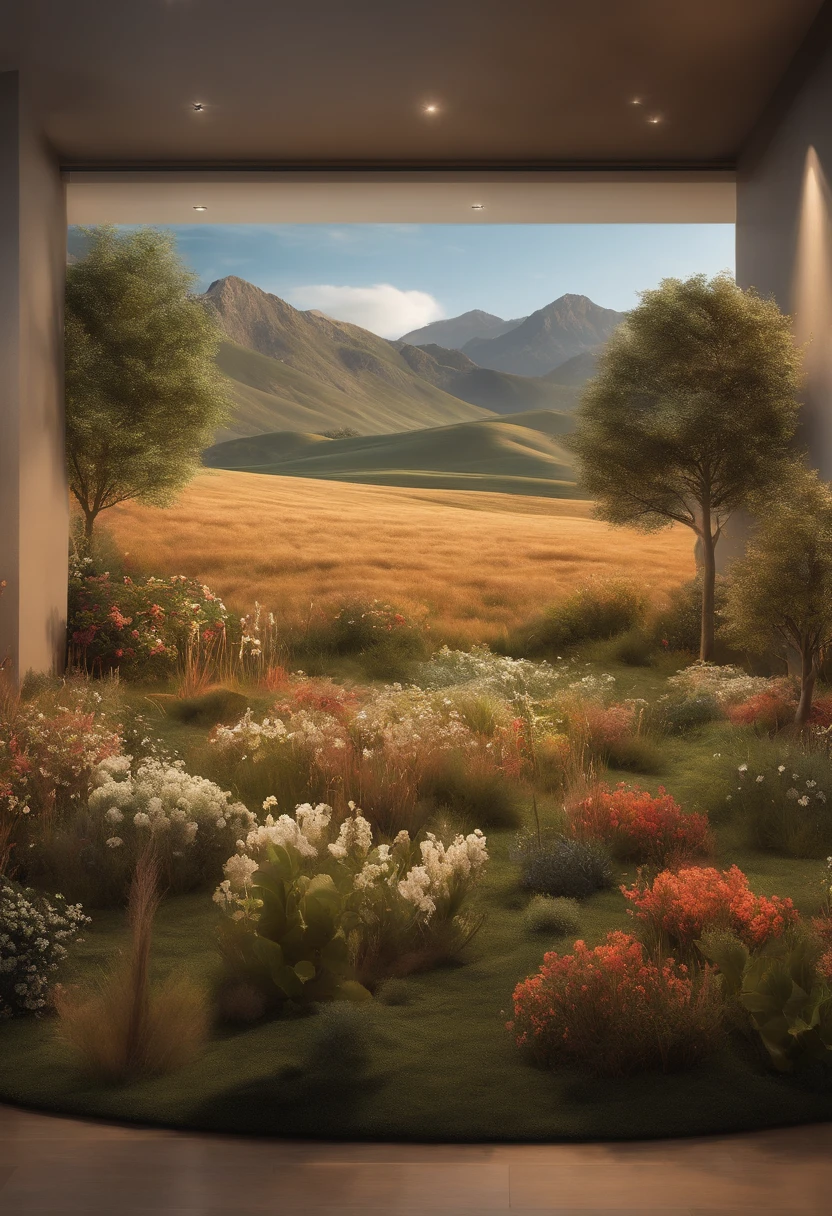 Natural and organic depiction of vast landscapes，Sky and meadow，Kelsan flower，Clouds，Big wind，Features earth tones and plant motifs，Withdraw your connection to nature and the environment，Influenced by botanical illustrations and environmental art，softlighting,(warm color:1.15),Exquisite details of the highest quality,3D rendering of a