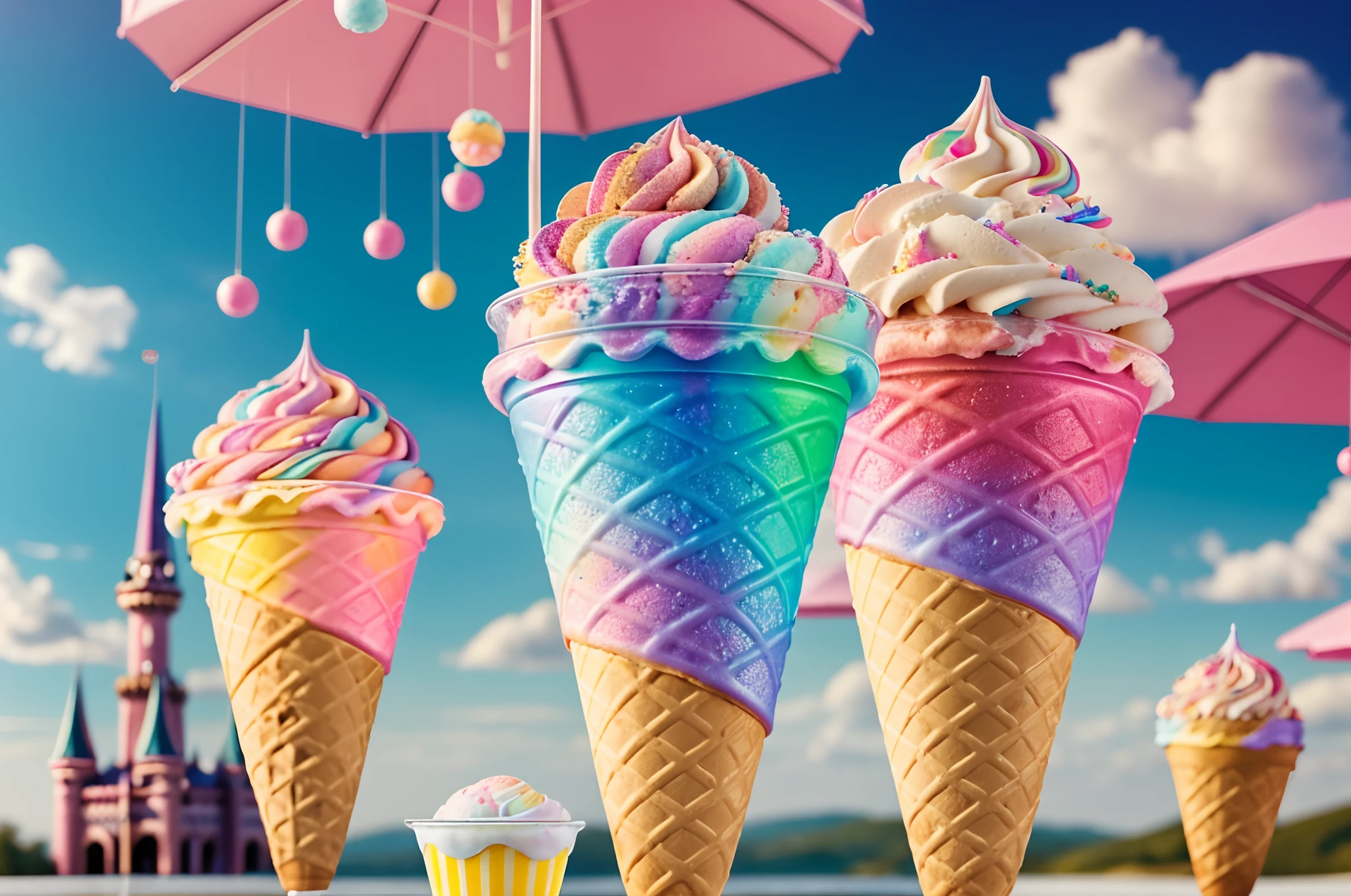 (best quality, 4k, 8k, high resolution, masterpiece: 1.2), ultra-detailed, (realistic, photorealistic, photorealistic: 1.37), (a girl indulging in a whimsical ice cream fantasy and playfully enjoying a variety of flavors with emotion: 1.50), in the middle of a fairy tale environment. She has beautiful detailed eyes that sparkle with joy and wonder as she explores this wonderful ice cream, and her lips are adorned with a light shimmer of the delicious treat. Your face radiates happiness as you take in the vibrant colors and intricate details of the ice cream creations.

The scene is filled with a variety of delicious ice creams, each scoop expertly crafted with vivid colors and intricate designs. Multicolored swirls of cotton candy ice cream form whimsical clouds, while a tower of chocolate ice cream forms a majestic castle in the distance. There are also several fruit-flavored ice creams, each topped with fresh berries, creating an explosion of refreshing flavors.