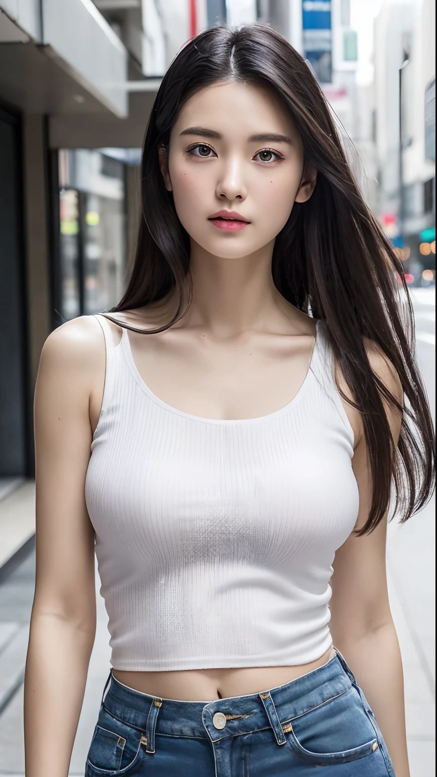 (Masterpiece:1.4), (8K, Photorealistic, Raw foto, Best Quality: 1.4), Japanese, (1Girl), beautifull face, (realistic face:1.4), (Black hair, Long hair:1.3), beautiful hairstyle, photorealistic eyes, Beautiful detailed eyes, (Realistic skin:1.3), beautiful skin, Attractive, The ultra-Highres, ultra realisic, highly detaild, Golden proportions, (Detailed face:1.4), looking up at viewer, open white shirt, Medium Tits, Standing, hands on ass, Transparent Shirt, (braless:1.4), _Out, short blue jeans, Shorts, NSFW (New South Wales), city street,