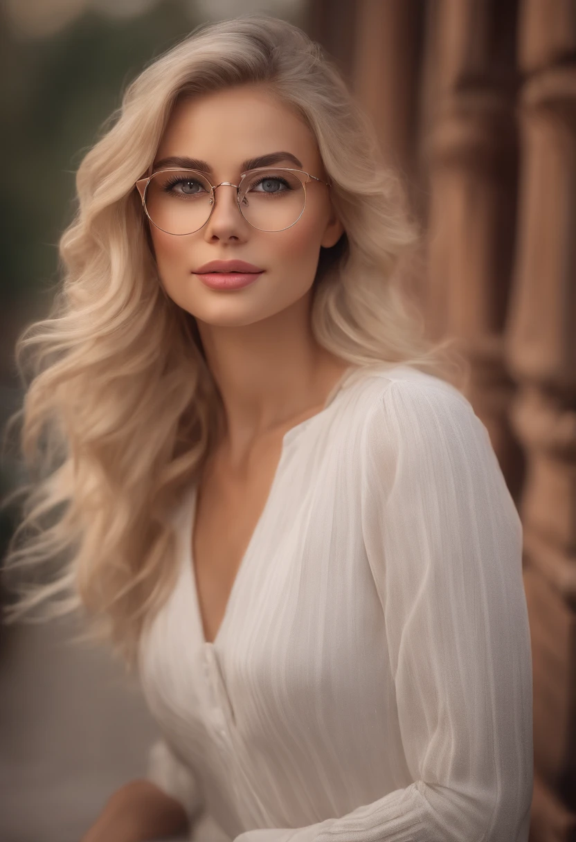 (best quality,4k,8k,highres,masterpiece:1.2),ultra-detailed,(realistic,photorealistic,photo-realistic:1.37),blonde woman,glasses,smiling girl,looking in to the camera,beautiful detailed eyes,beautiful detailed lips,extremely detailed eyes and face,long eyelashes,full body photo,realism,pinkcore,video,portraits,candid celebrity shots,silver,pink,sunset lighting,soft lighting,white and orange