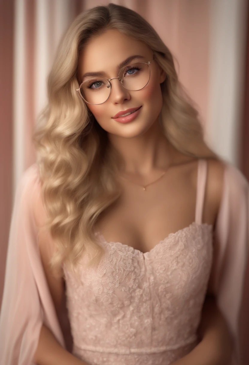 (best quality,4k,8k,highres,masterpiece:1.2),ultra-detailed,(realistic,photorealistic,photo-realistic:1.37),blonde woman,glasses,smiling girl,looking in to the camera,beautiful detailed eyes,beautiful detailed lips,extremely detailed eyes and face,long eyelashes,full body photo,realism,pinkcore,video,portraits,candid celebrity shots,silver,pink,sunset lighting,soft lighting,white and orange