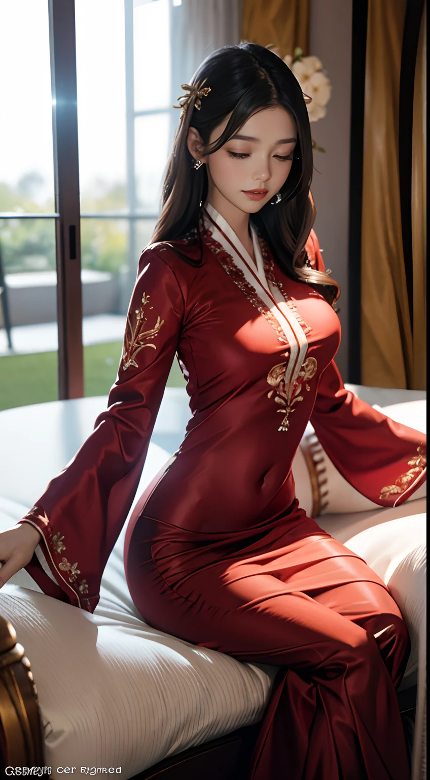 1 woman , 25 years、slim body with abs, hyper detailed face, big shiny eyes, make-up with long eyelashes and pink blusher、Detailed lips、A detailed eye、double eyelid, (worried facial expression 1.2), (Slim waist and tall)、(worried face as you fuck her)、(beautiful red silk baju kurung :1.2)、(flower embroidery), (tight clothes revealing her body shape), (upskirt 1.5), wearing hijab with style, no mask, (Glamorous body)、(MASSIVE BREASTS 1.6)、(HUGE ROUND BREASTS), (Huge breasts 1.6), thighs thighs thighs thighs, Perfect fit, Perfect image realism, Background with: (luxury mansion bedroom :1.2), morning time, soft light, muted colours, (Erotically dynamic squatting pose), (half naked 1.5), Cowboy Shot, In-depth background, detailed costume, Perfect lighting、Hyper-Realism、(Photorealsitic:1.4)、8K maximum resolution, (​masterpiece), highly detailed, Professional, waist shot, upskirt, (spreading legs 1.5), lubed skin, big dick fucking her pussy, ((big labia skin, (cowgirl position, having sex with a man, realistic penis with scrotum, ((EXTRA EROTIC)), babe