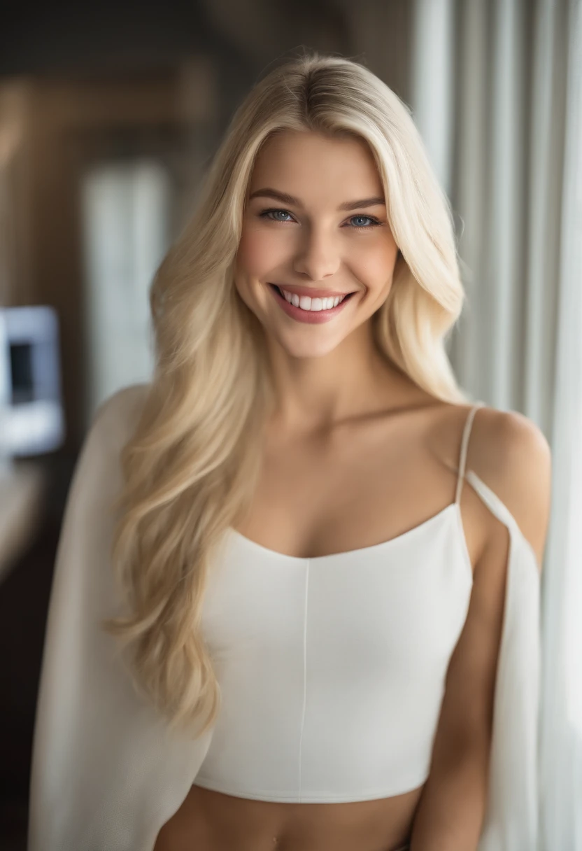 blond woman with long hair smiling in front of a tv, radiant smile. ultra wide shot, blonde goddess, perfect white haired girl, she is smiling, hyperrealistic teen, pretty smile, a gorgeous blonde, she is smiling and excited, slight cute smile, anya_taylor-joy, cute seductive smile, beautiful blonde girl, alexa grace, wide smile