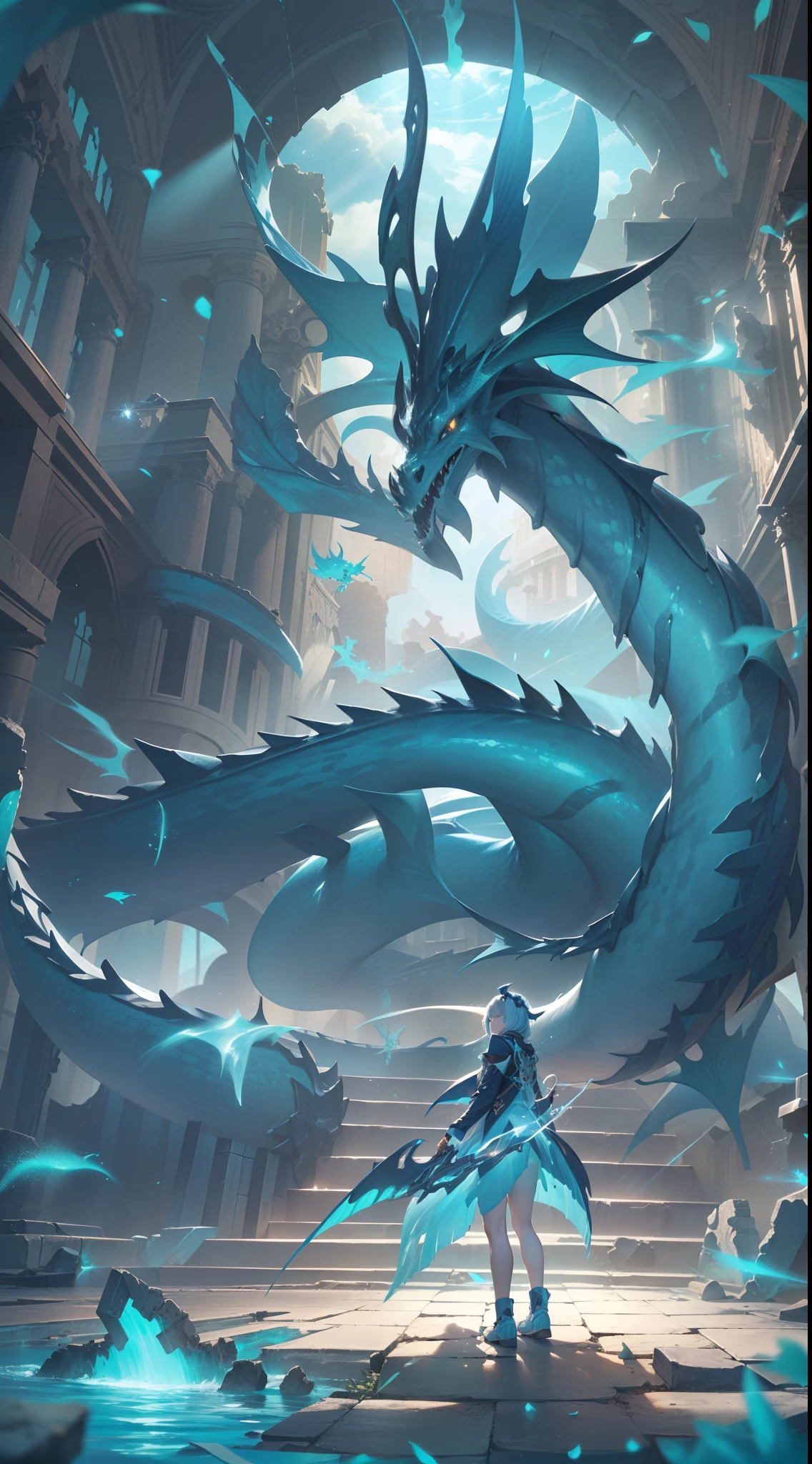 A dark blue dragon,Fly through the clear blue ocean,There are many blue sparks in the background,[(Cyan background color)::10],(Ruins background:1.3),Hyper Evoltion,LV up,((more bigger,more stronger,more better):1.3),8K,hyper HD, retinas, Anatomically correct, Textured skin, Super detail, Best quality, A high resolution,(Extremely popular illustration wallpaper),((The mysterious ruins of Atlantis:1.2)),(Underwater game scenes),Ultra-detailed particle detail,((A ray of sunlight shines from the sky:1.3)+(//The right light source:1.6//)),MIDJOURNEY,((Forbidden spell text on the wall of the ruins:1.4))