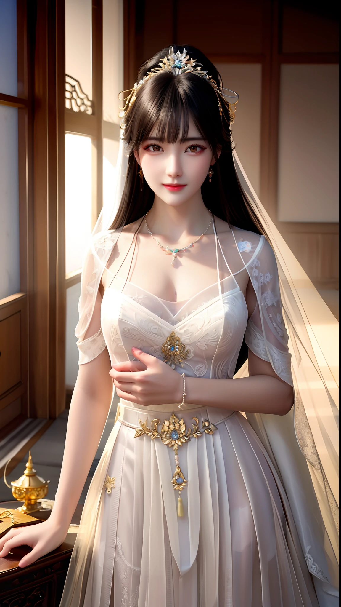 Best Quality, Masterpiece, High Resolution, 1 Girl, Porcelain Dress, Hair Ornament, Necklace, Jewelry, Pretty Face, On Body, Tyndall Effect, Photorealistic, Dark Studio,  Lighting, Bicolor Lighting, (High Skin Detail: 1.2), 8k uhd, dslr, soft lighting, high quality, surround lighting, candid, photography, high definition, 4k, 8k, bokeh