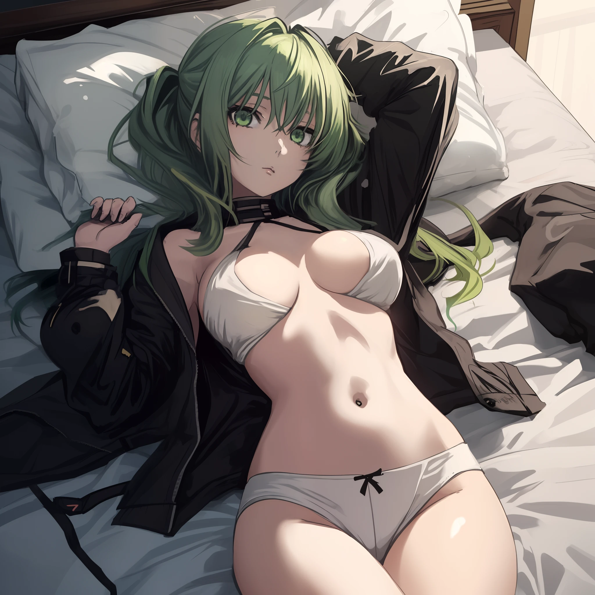 Anime girl, green hair, laying in bed, black jacket, covering breasts