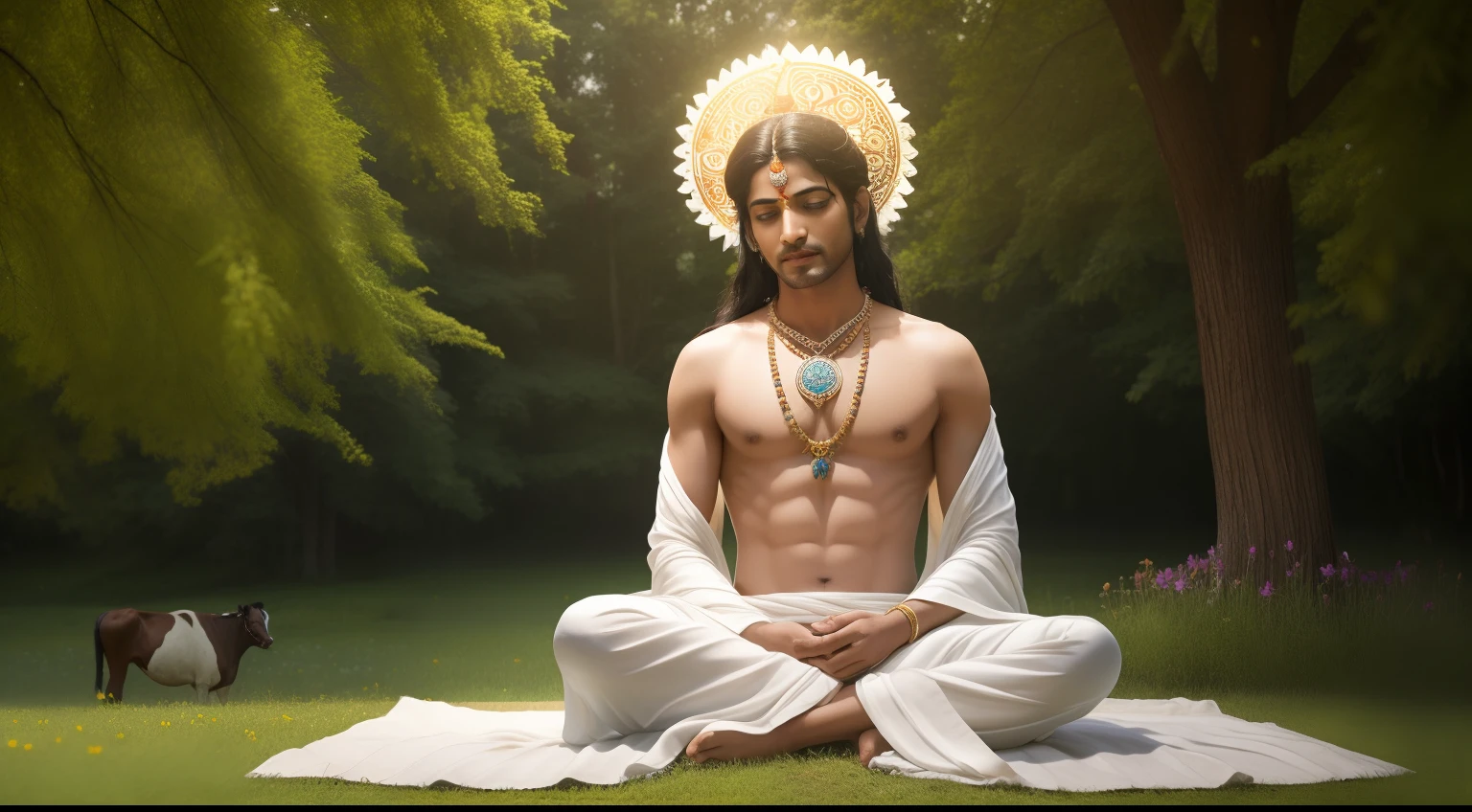 A photographic portrait of Lord Krishna enveloped in a halo of divine light, standing serenely in a flowering meadow. He has radiant blue skin and a peaceful expression, his eyes downcast and hands pressed together in blessing. He wears pristine white silk robes that drape gracefully around his form, showing hints of his slender yet strong frame. His jet black hair cascades freely down his back with a few wildflowers naturally woven into his locks. Soft rays of sunlight illuminate his pious face and the lotus flower he holds. Beside Krishna rests his loyal cow vahana, her large brown eyes gazing at her master with devotion. Krishna tenderly caresses her head, connecting their souls. The meadow grass sways gently around Krishna's bare feet, roots keeping him grounded. The image reveals Krishna's humanity yet emanates spiritual nobility, crafting a vision of the divine made flesh