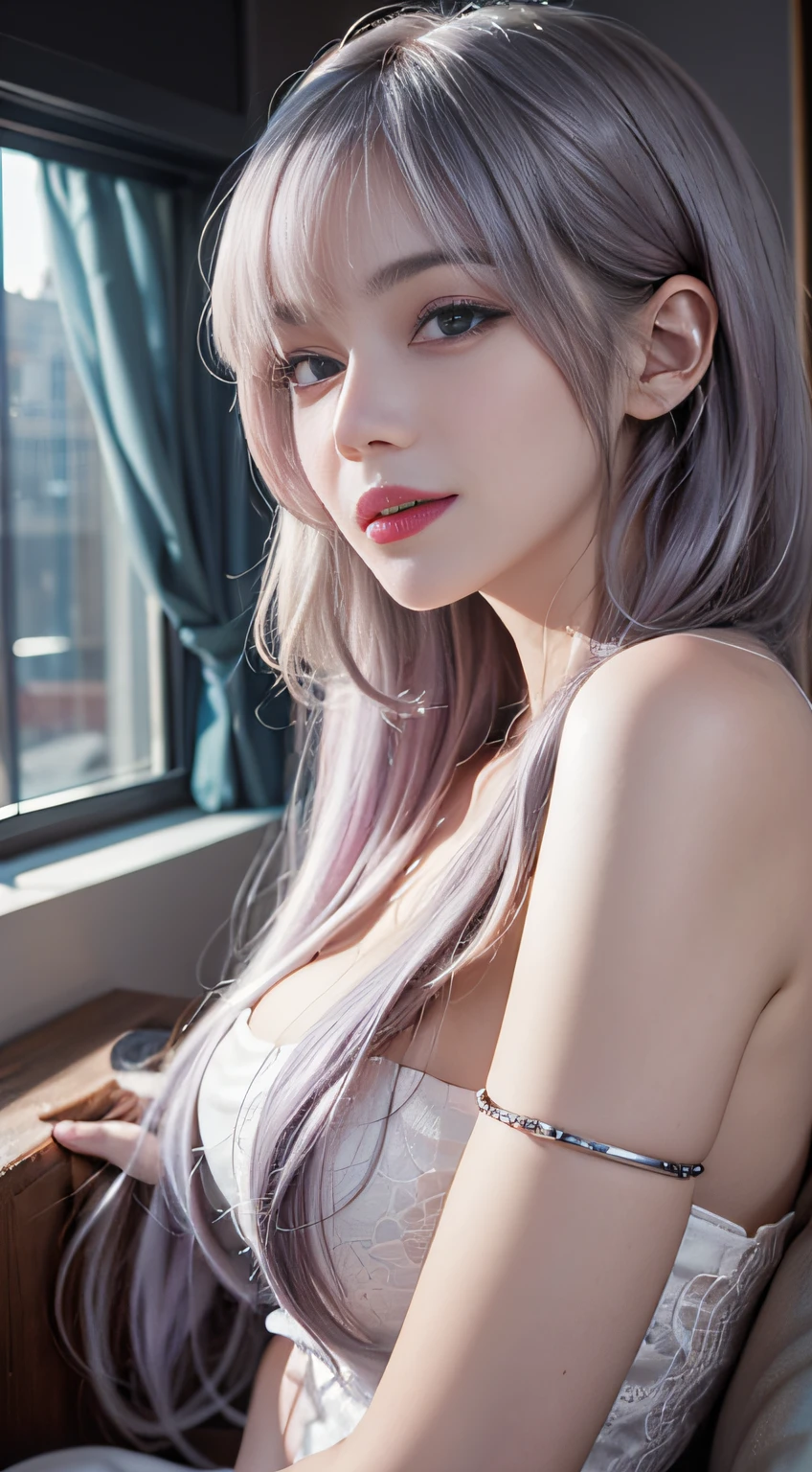(Woman lying on bed)1 girl, Silver hair, striated hair, Bangs, Blunt bangs, Long hair, Pink hair, aqua eyes, longeyelashes, Purple eyes, makeup, Smile, Parted lips, Realism, Verism, surrealism, depth of fields, One-person viewpoint, F/1.8, 135 mm, canon, nffsw, retinas, masutepiece, ccurate, Anatomically correct, Textured skin, Super Detail, high details, High quality, Best Quality, hight resolution, 1080p, hard disk, 4K, 8K