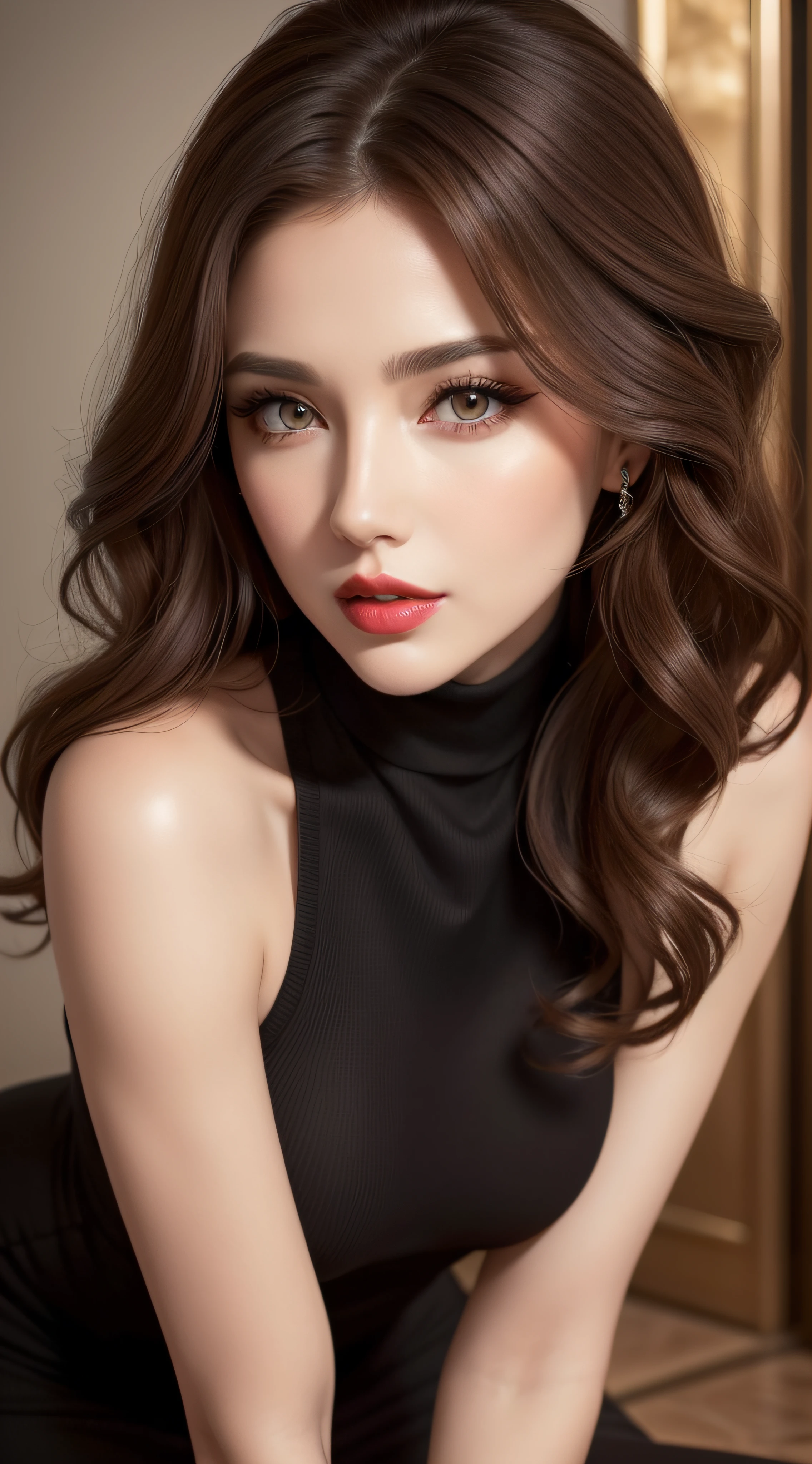 beautiful women, matured women, masterpiece, ultra detailed, detailed face, beautiful eyes, detailed eyeshadows, detailed lips, red lipstick, light brown hair, full body, wavy hair, wearing black sheath dress, turtleneck, revealing legs, sexy legs