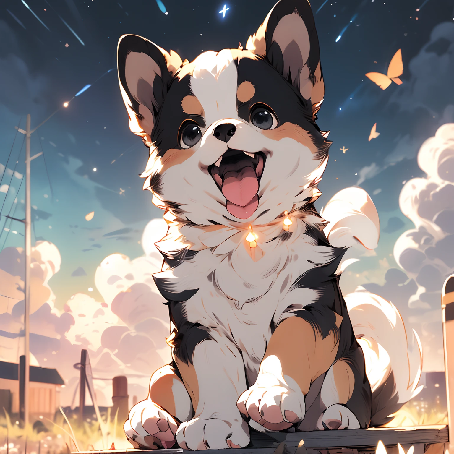 ,(Masterpiece:1.2, high quality),
sky, 1dog, outdoors, open mouth, sky at night smile, sitting, blush, tail, tongue out