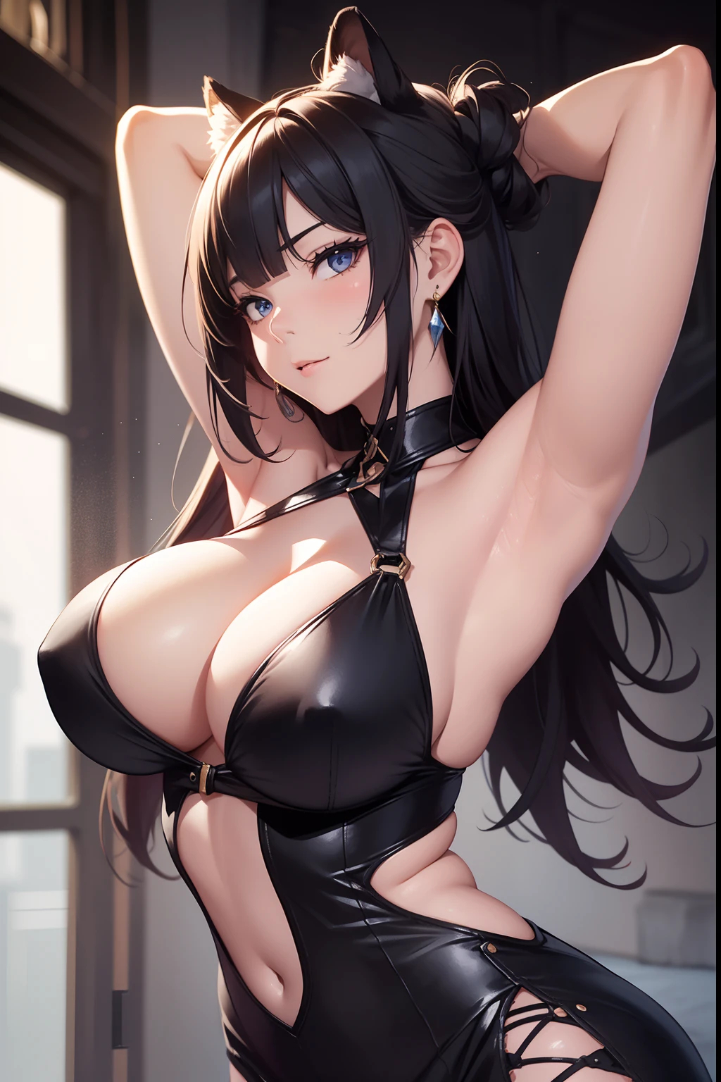 Write, top-quality, ​masterpiece, ((1girl, 独奏:1.2)), tall, Beautiful fece, well-muscled, Wearing sexy halter neck sleeveless dress, Smooth armpits, mature, enticing, cool, Edgy, Dominated, wicked, rich, stylish, cleavage of the breast, huge tit, modeled, 魅惑的,full bodyesbian、